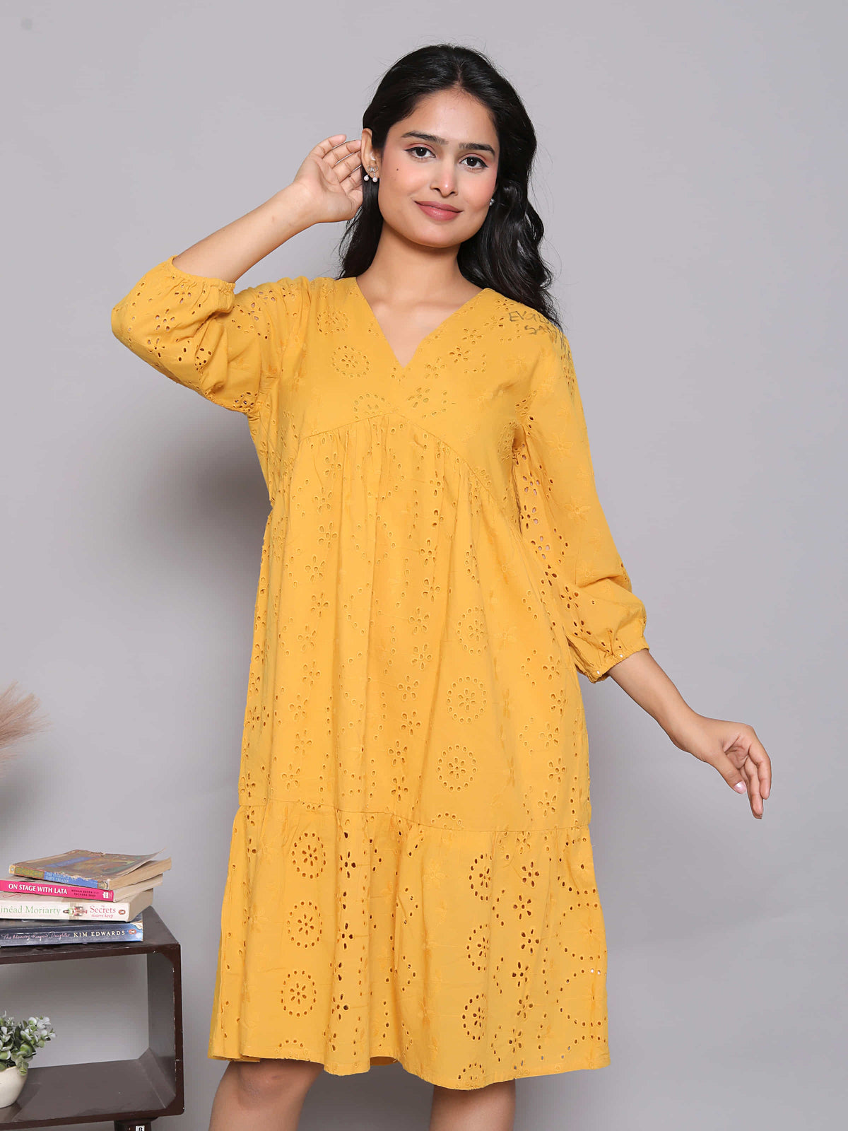 Mustard Schiffli Tiered A-Line Dress