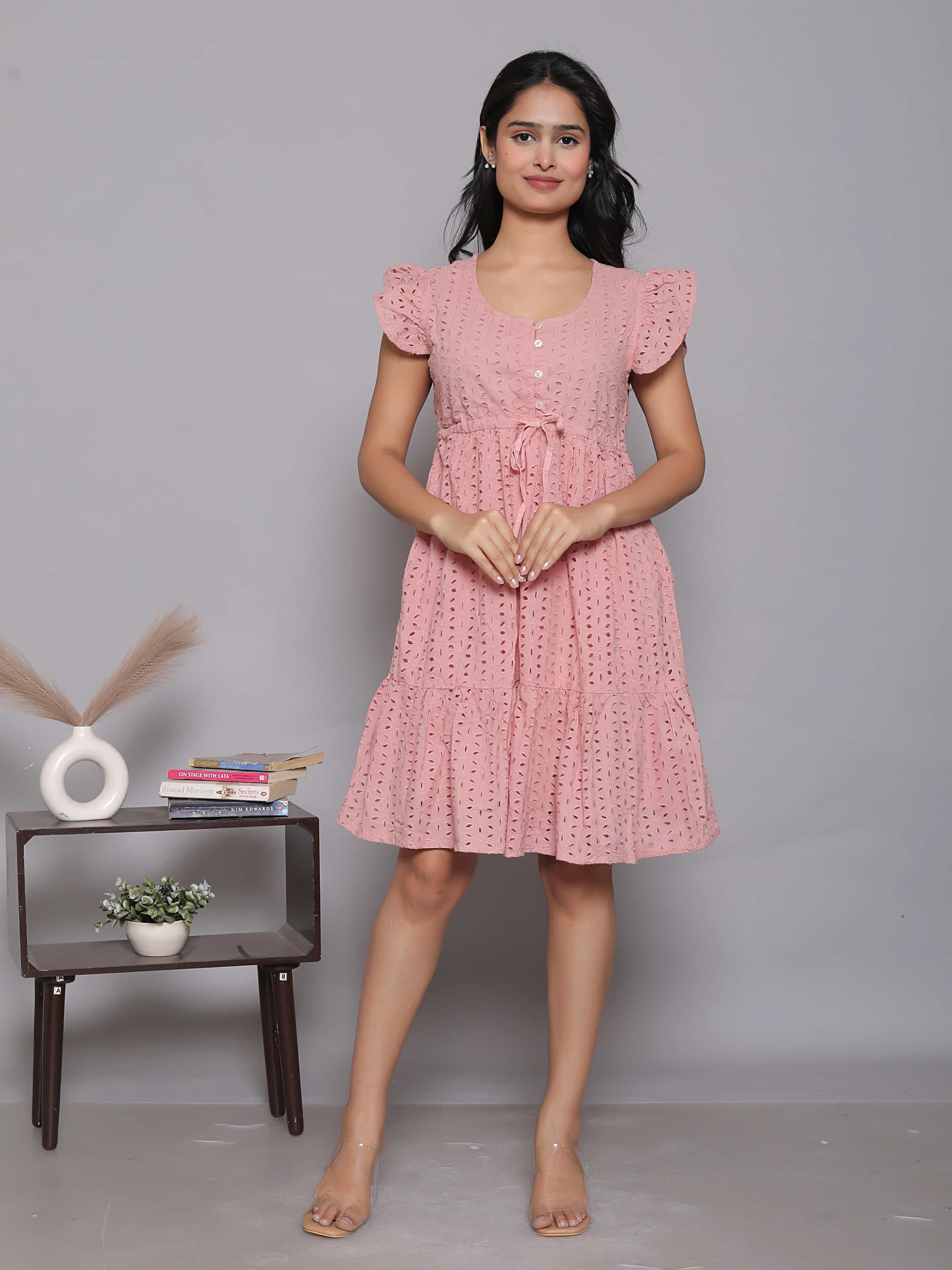 Pink Schiffli Butterfly Sleeve Dress