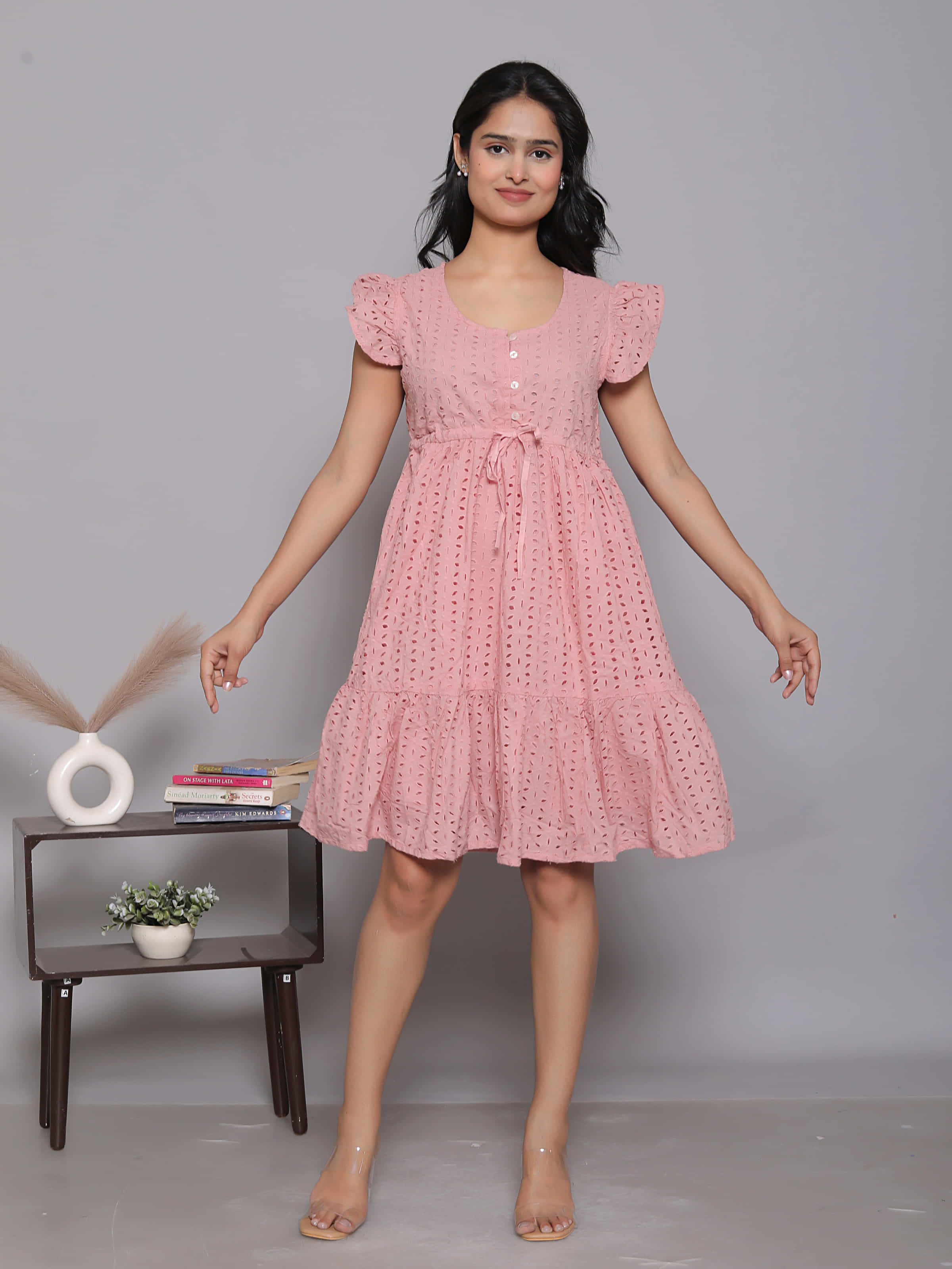 Pink Schiffli Butterfly Sleeve Dress