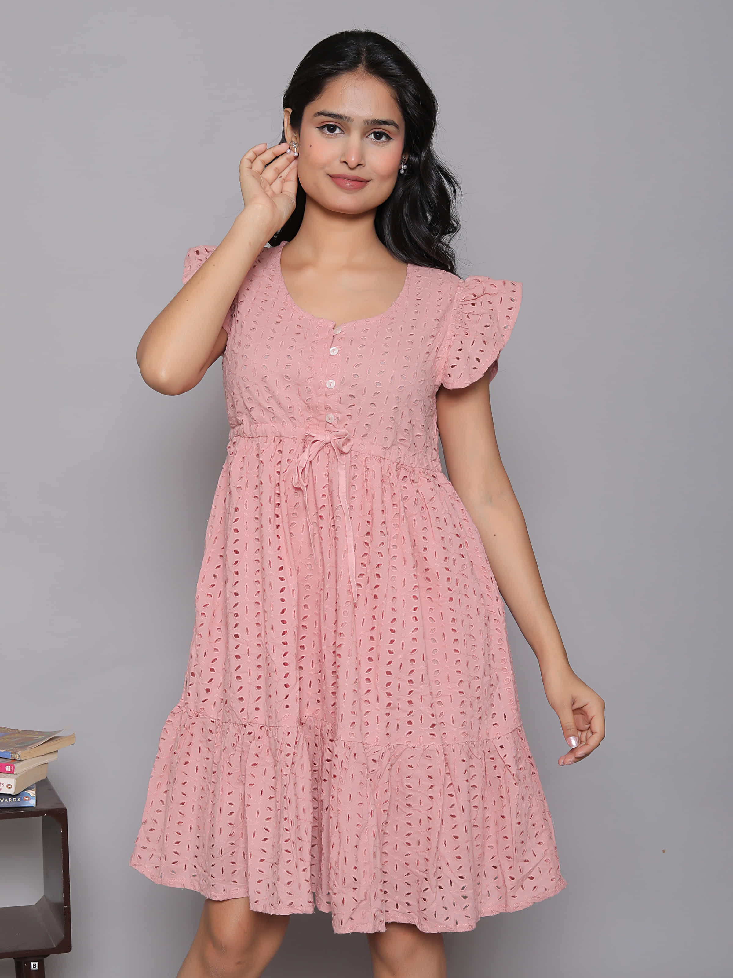 Pink Schiffli Butterfly Sleeve Dress
