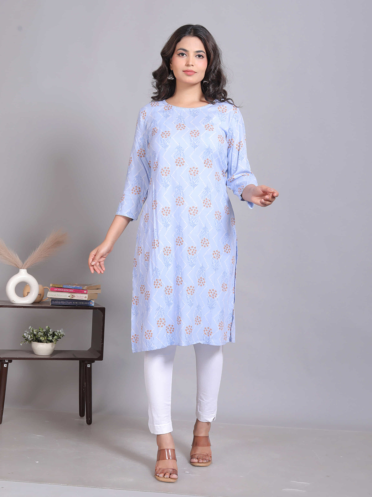 Light Blue Printed Straight Kurta
