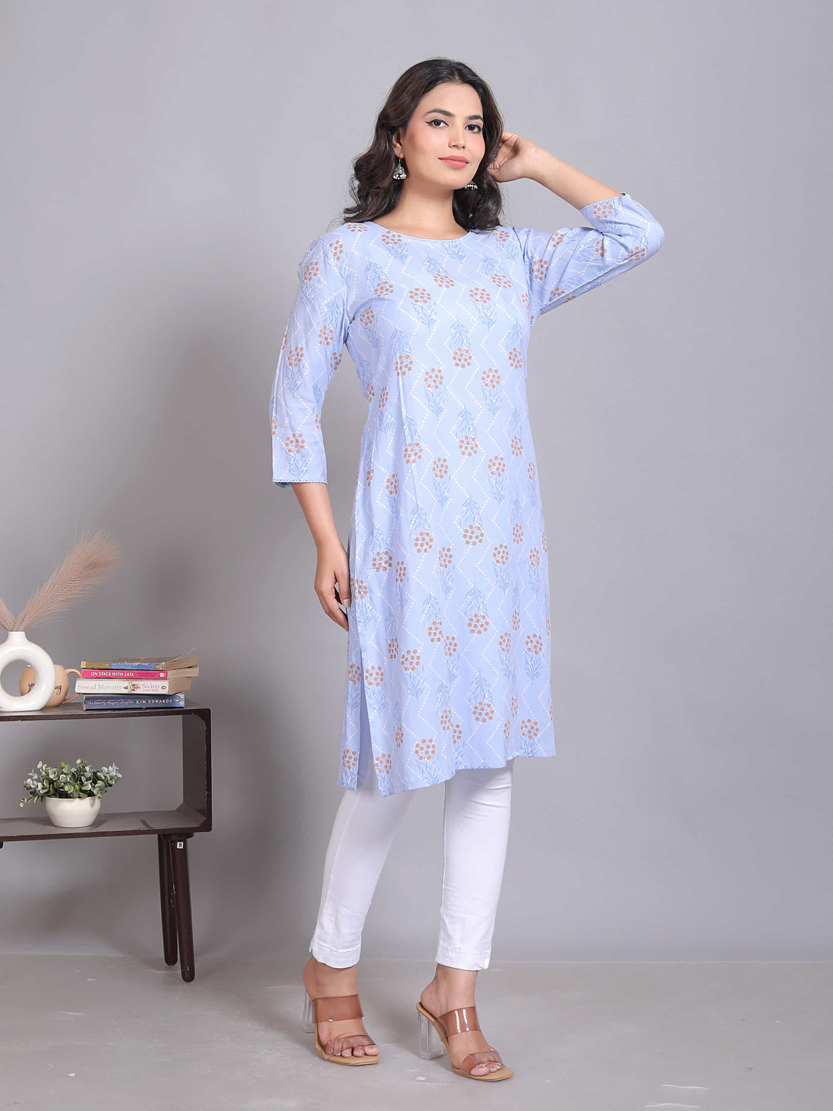 Light Blue Printed Straight Kurta