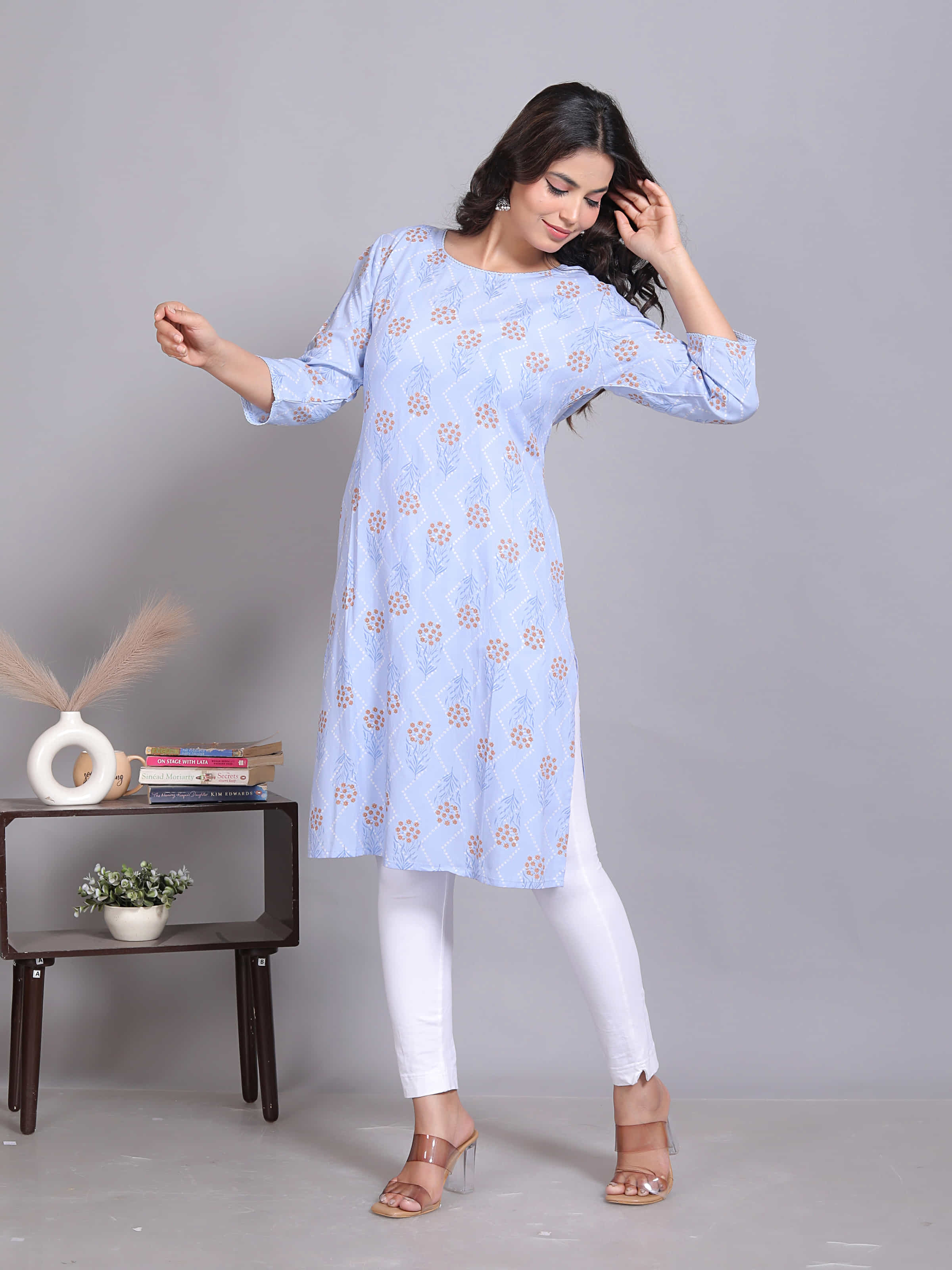 Light Blue Printed Straight Kurta