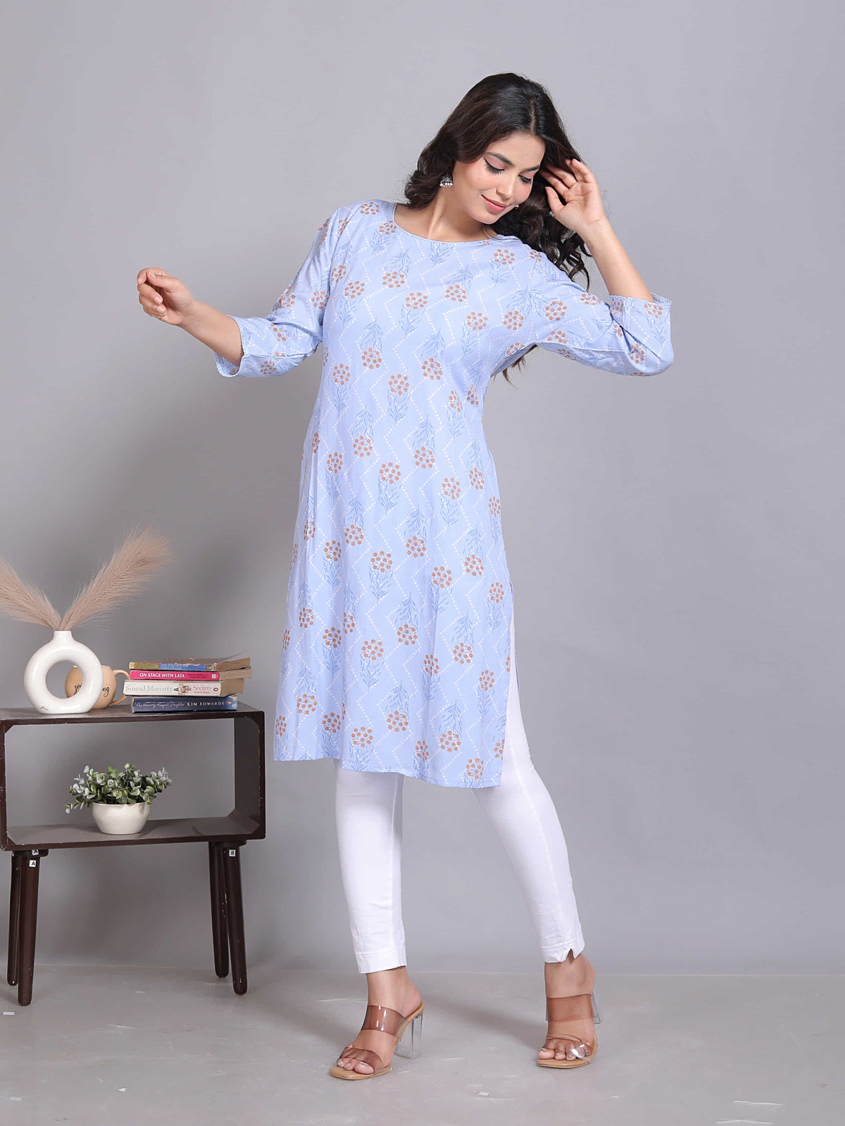 Light Blue Printed Straight Kurta