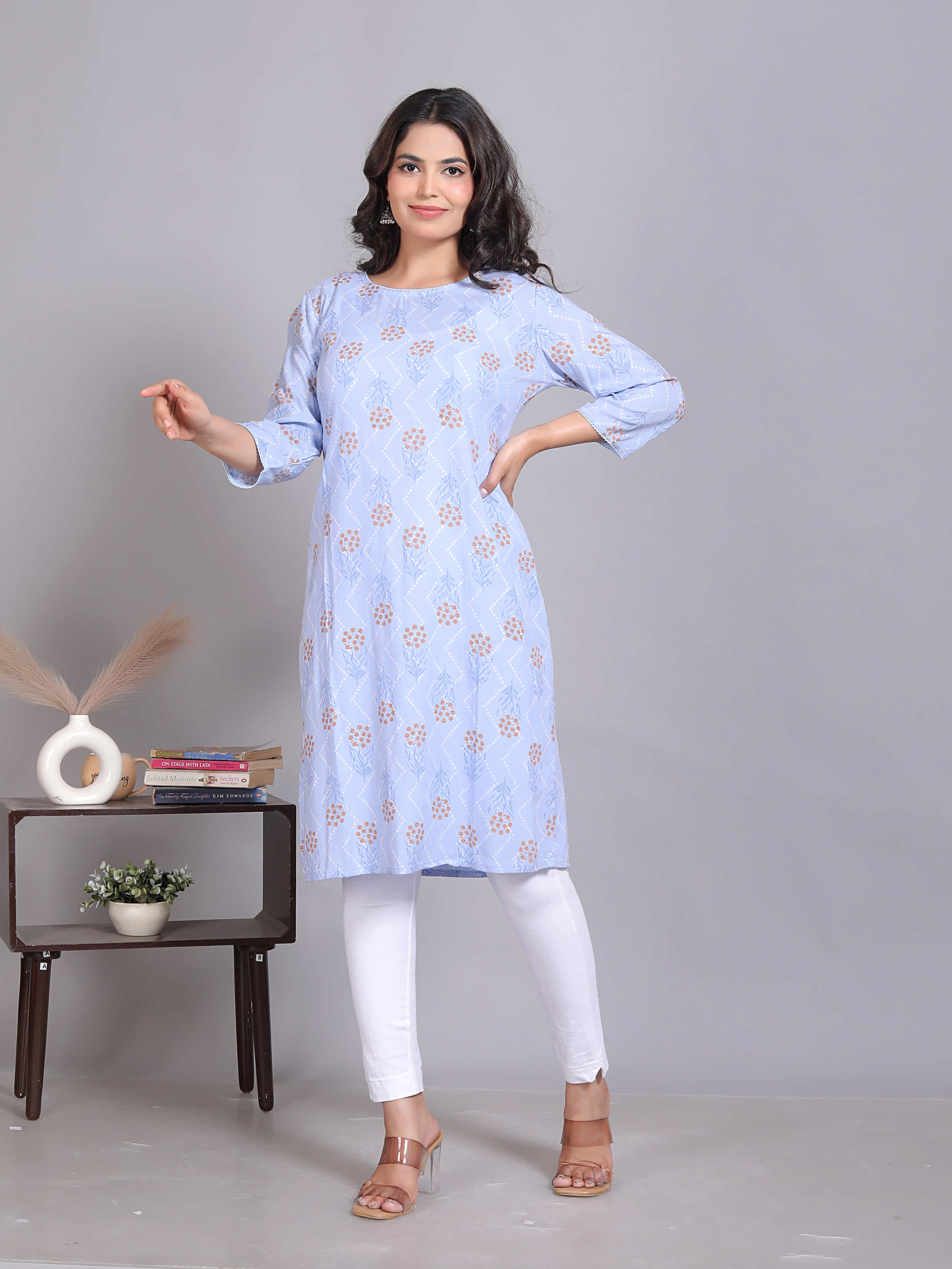Light Blue Printed Straight Kurta