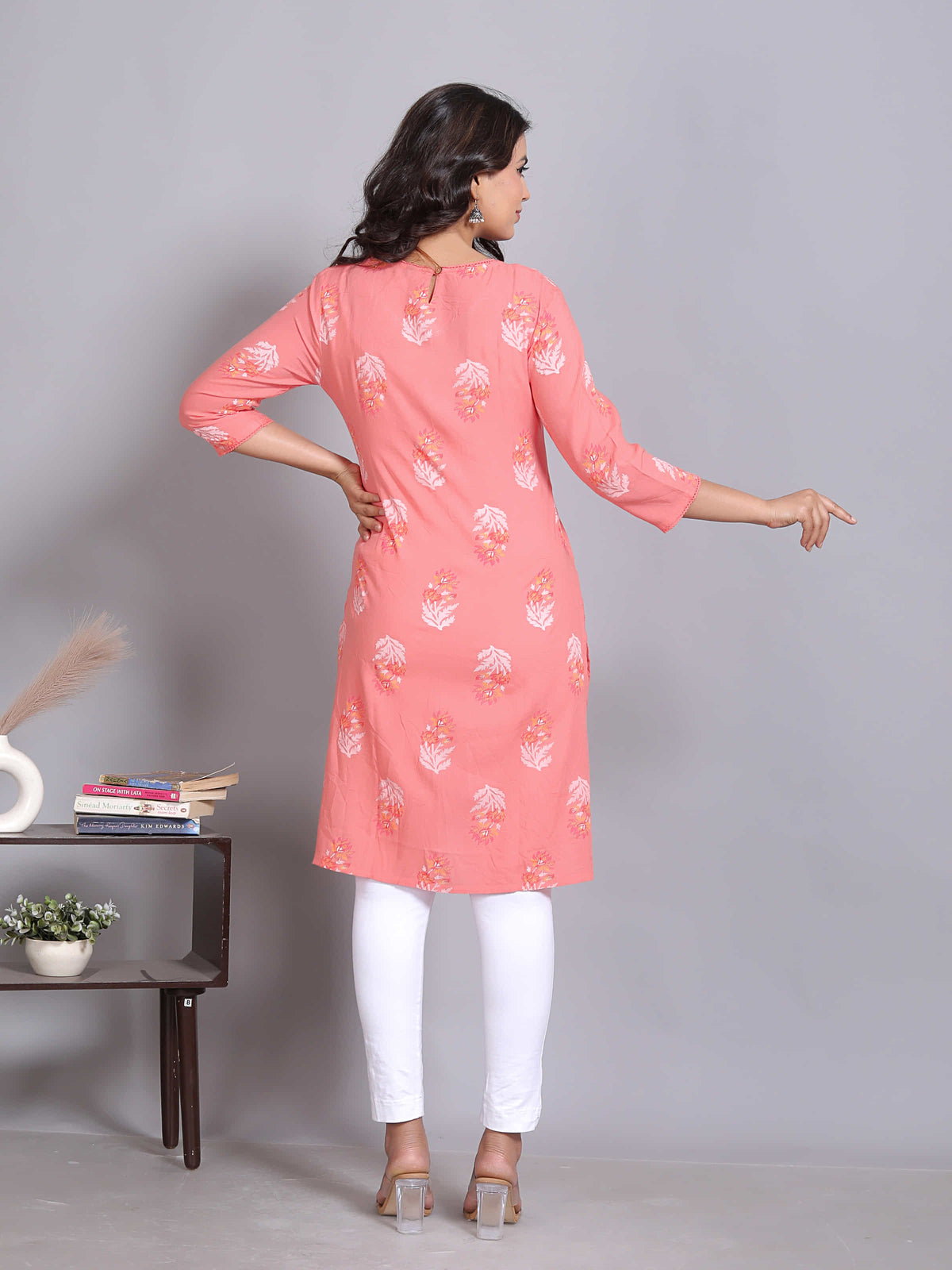 Pink Floral Straight Rayon Kurta