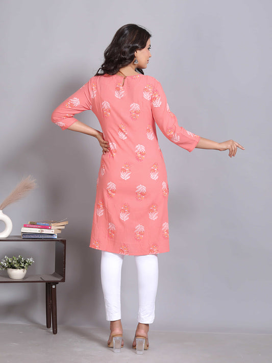 Pink Floral Straight Rayon Kurta