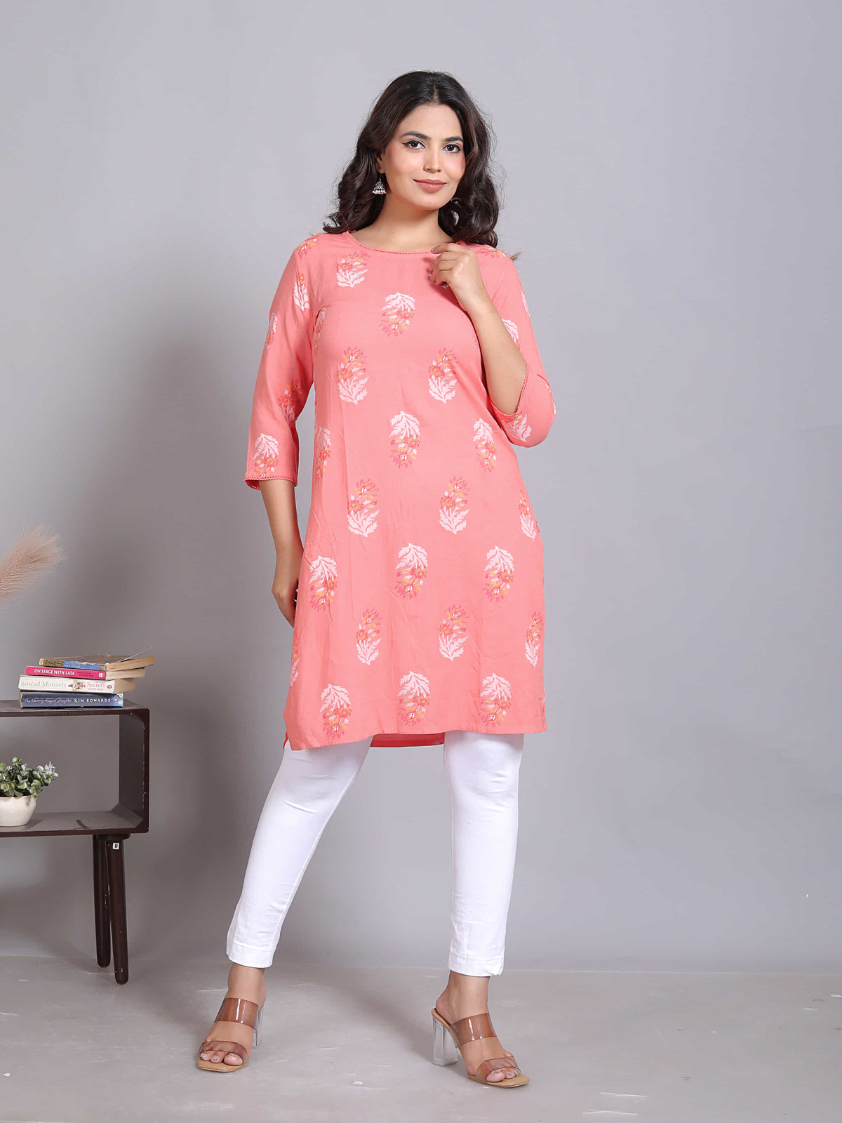 Pink Floral Straight Rayon Kurta