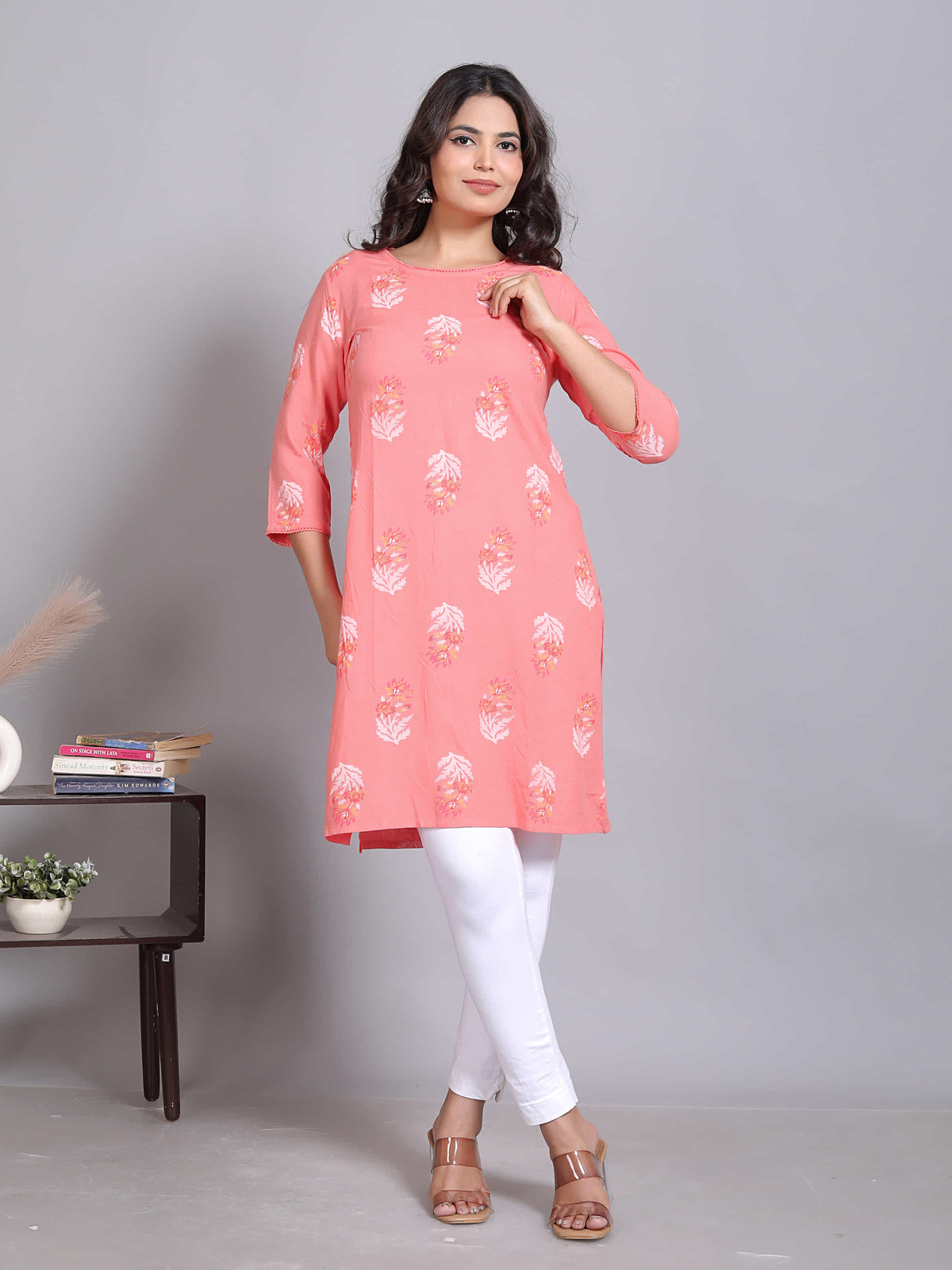 Pink Floral Straight Rayon Kurta