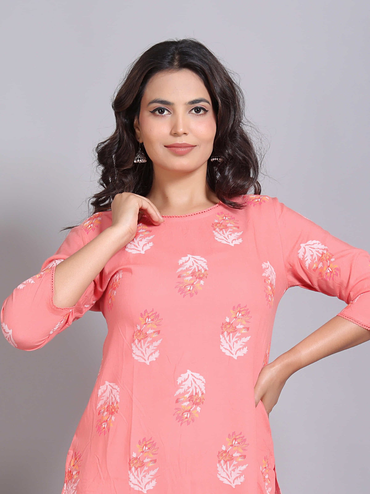 Pink Floral Straight Rayon Kurta