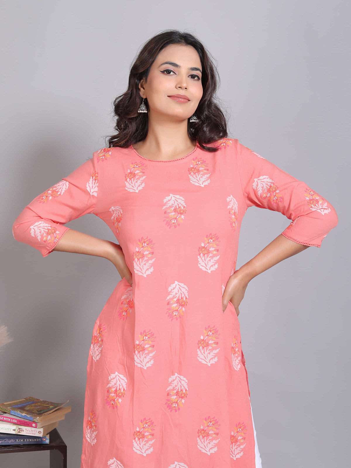 Pink Floral Straight Rayon Kurta