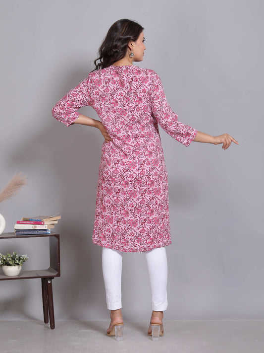 Pink Mandarin Neck Printed Kurta