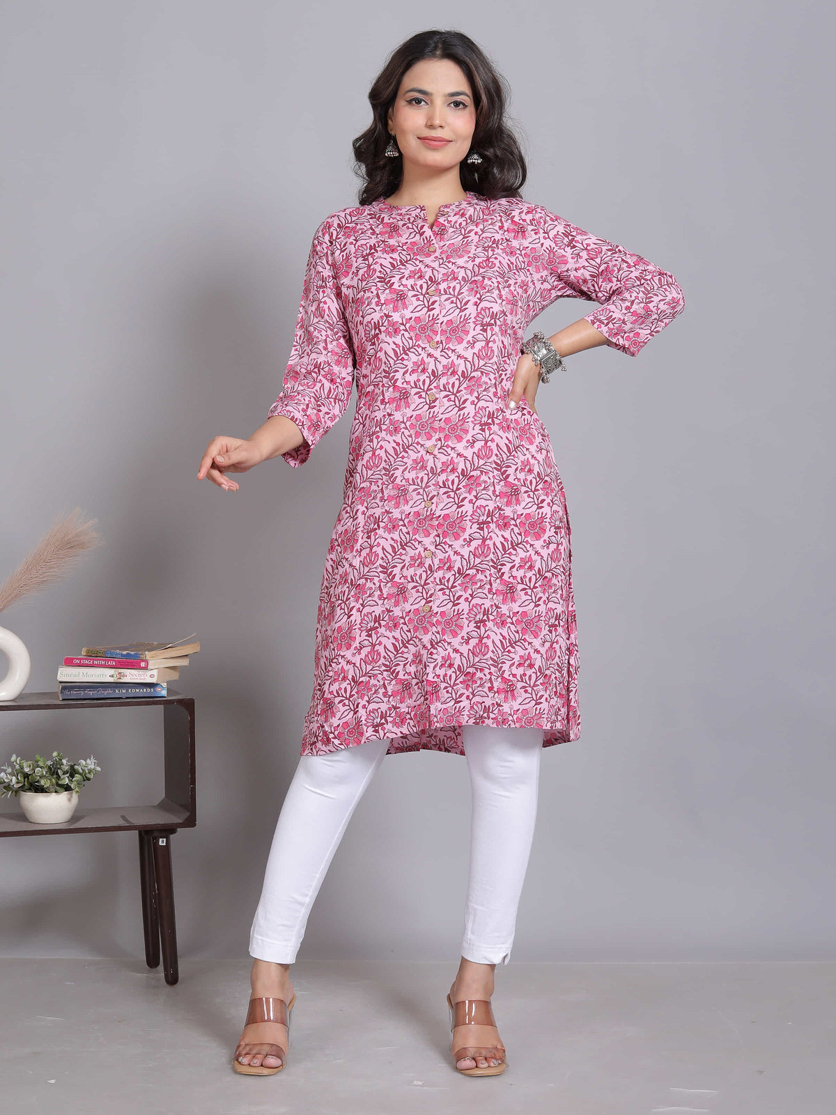 Pink Mandarin Neck Printed Kurta