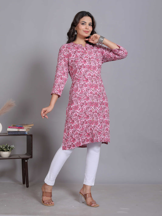 Pink Mandarin Neck Printed Kurta