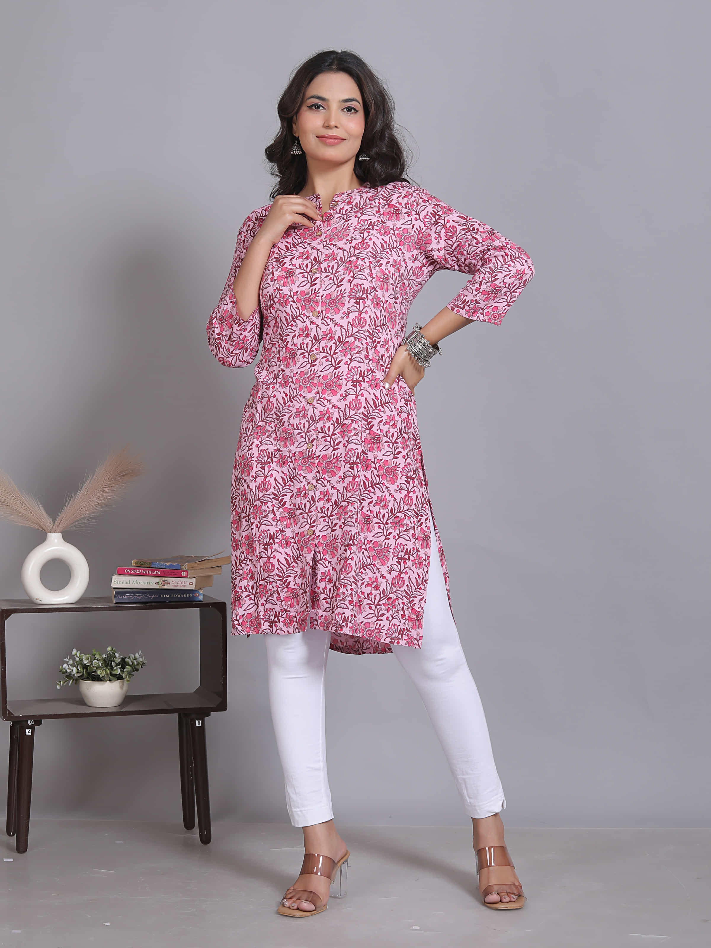Pink Mandarin Neck Printed Kurta
