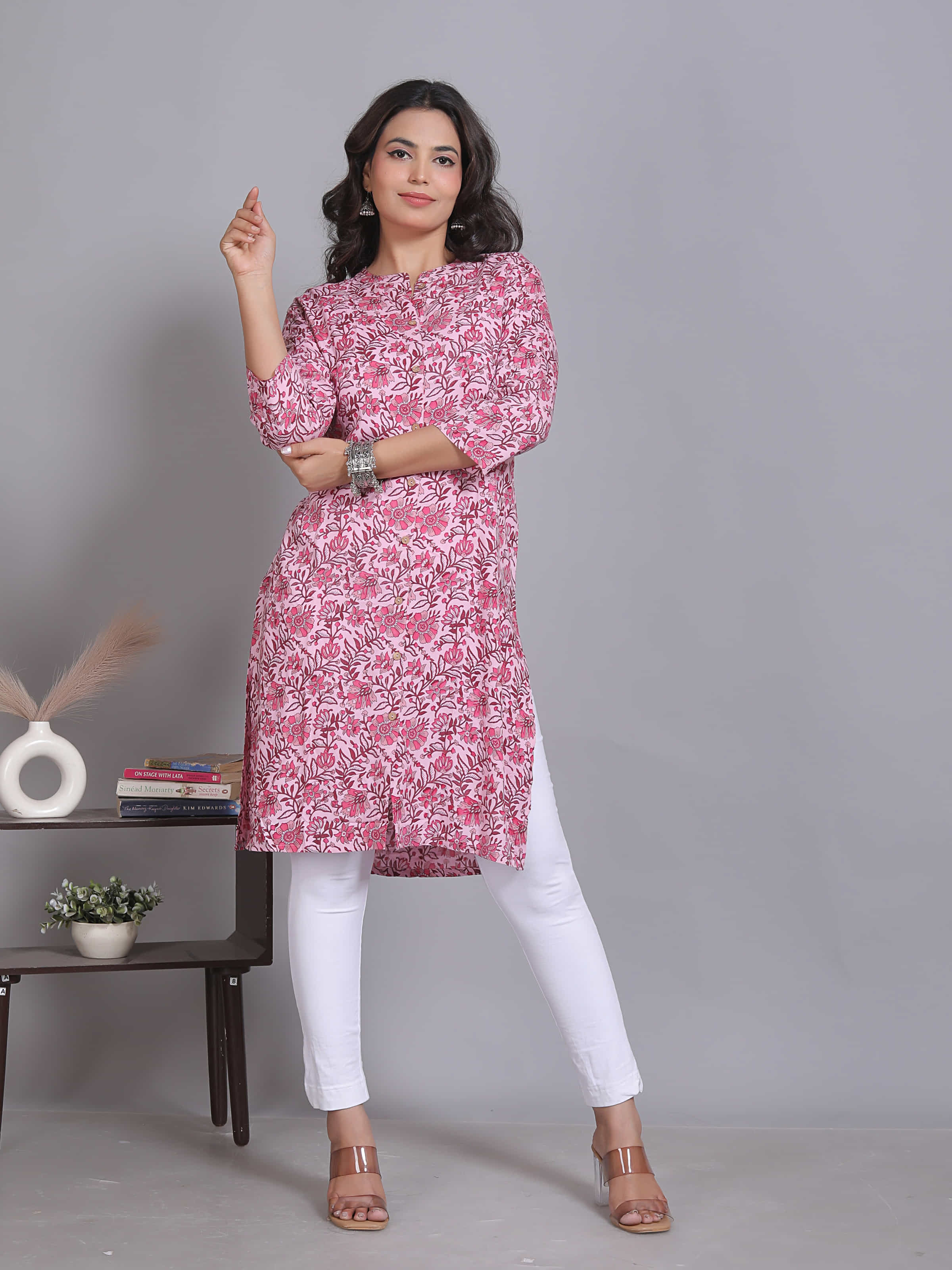 Pink Mandarin Neck Printed Kurta