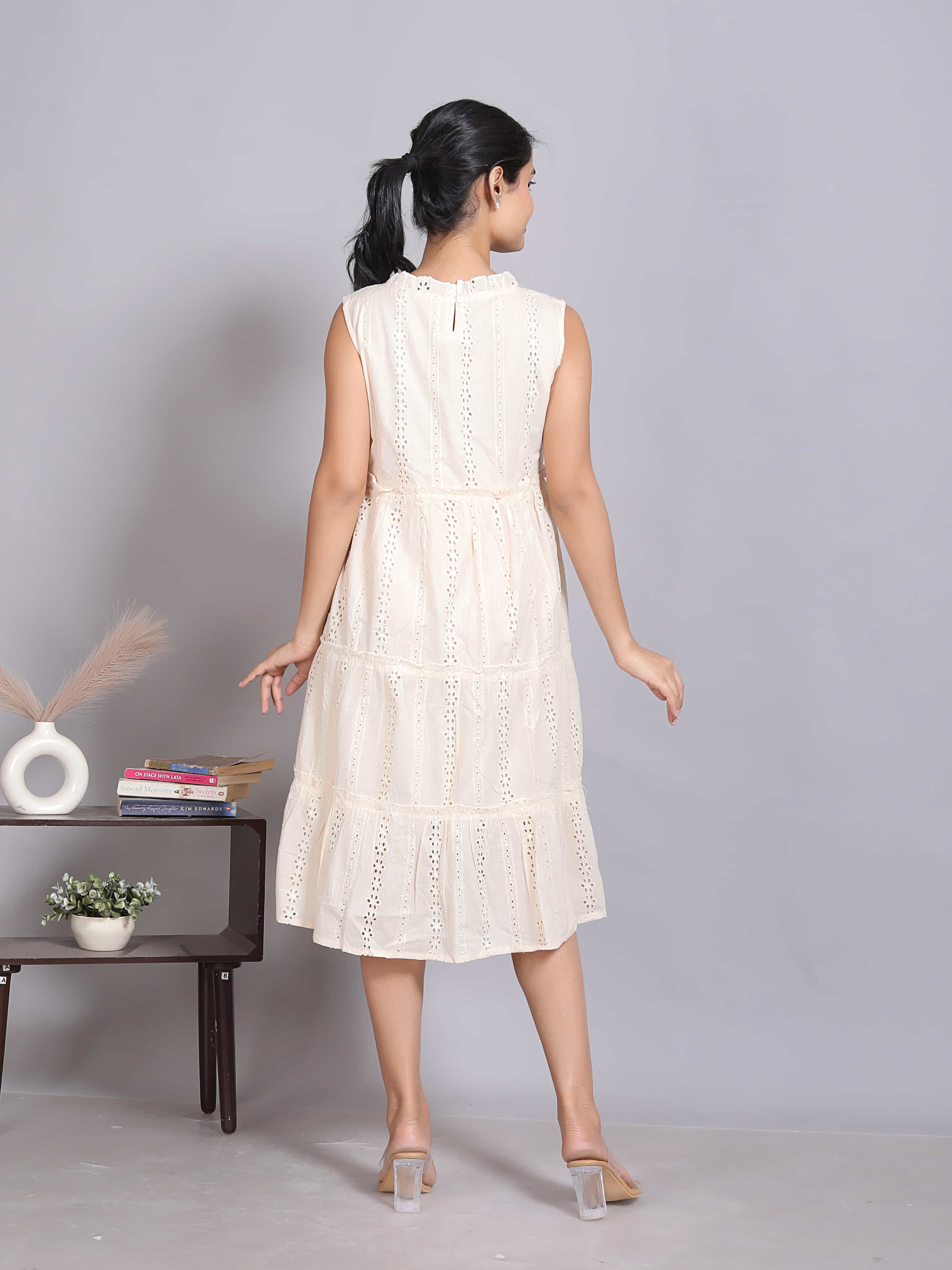 Beige Schiffli Sleeveless Midi Dress