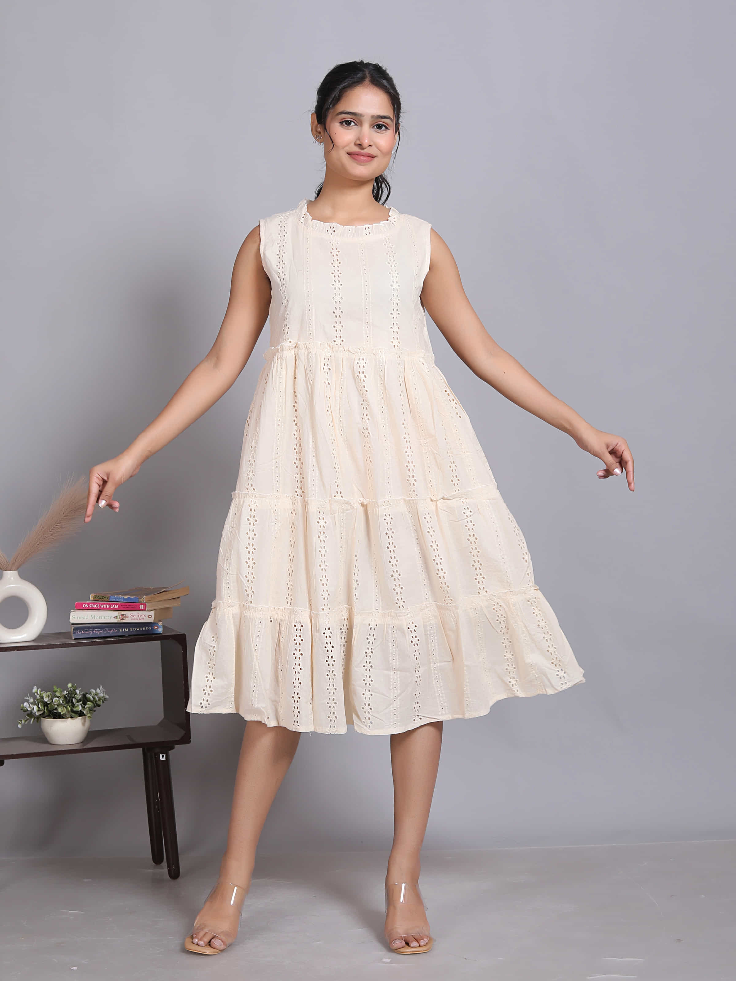Beige Schiffli Sleeveless Midi Dress