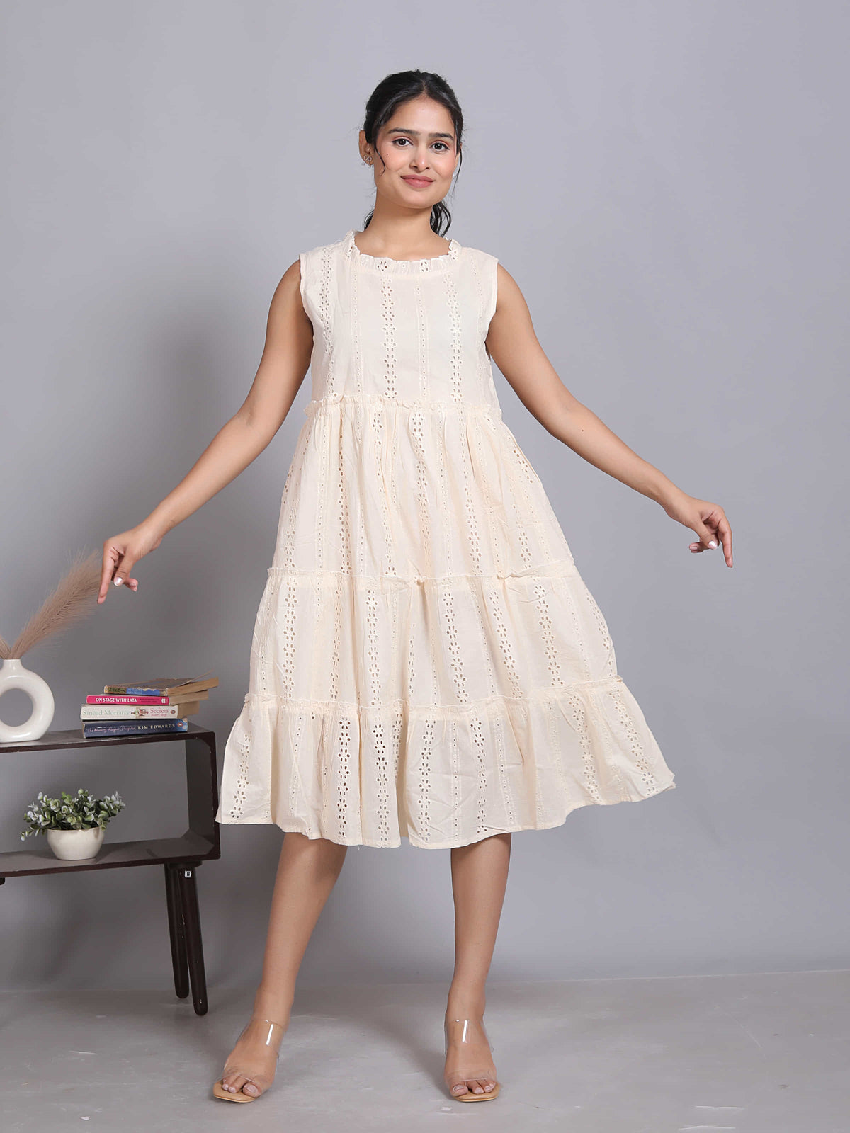 Beige Schiffli Sleeveless Midi Dress