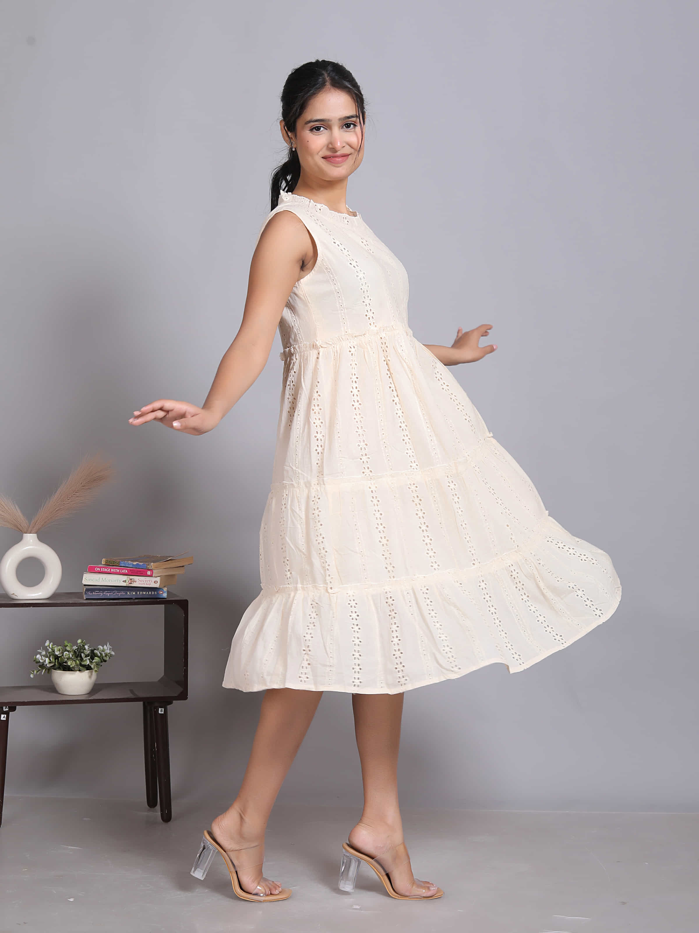 Beige Schiffli Sleeveless Midi Dress