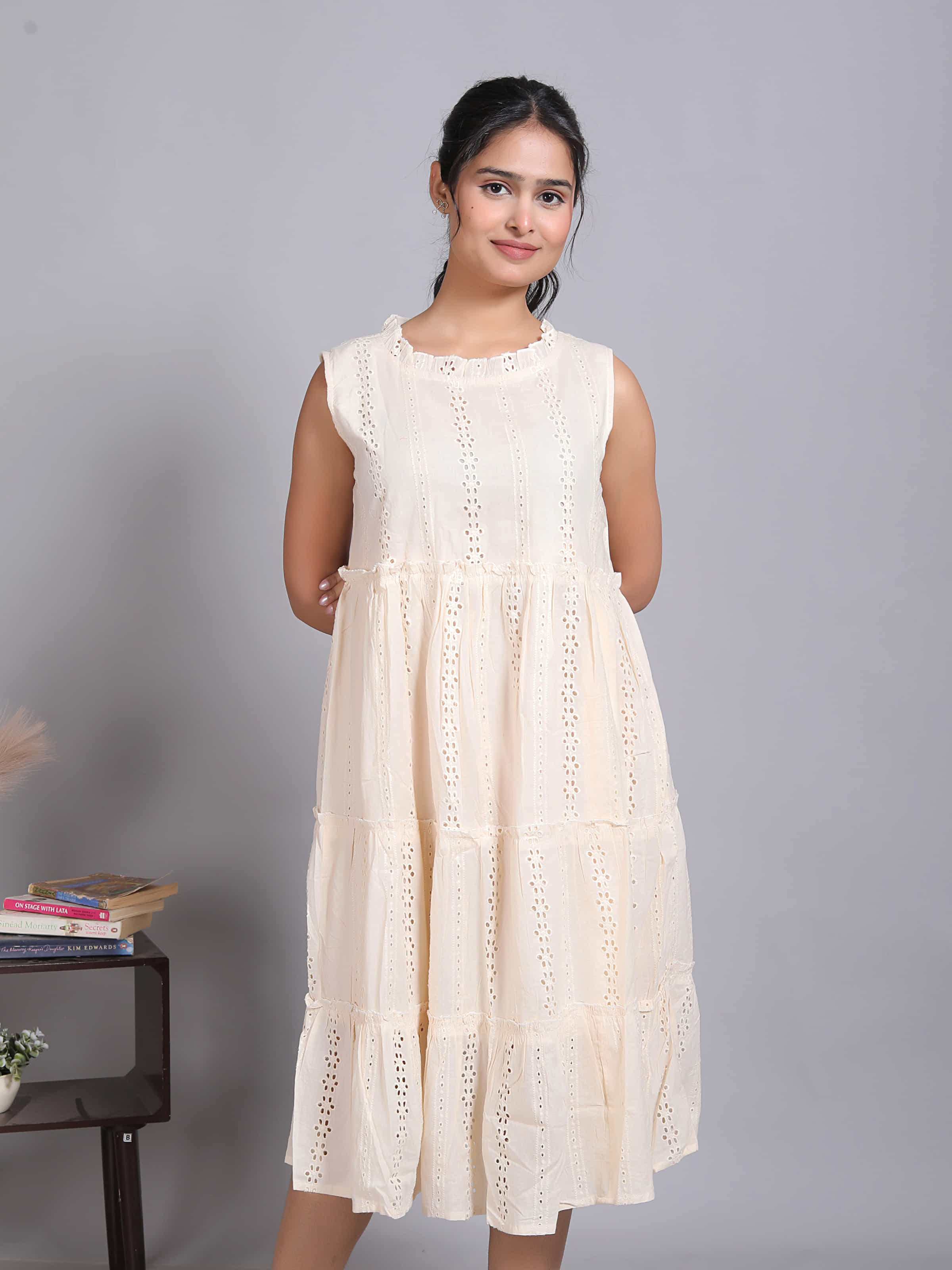 Beige Schiffli Sleeveless Midi Dress