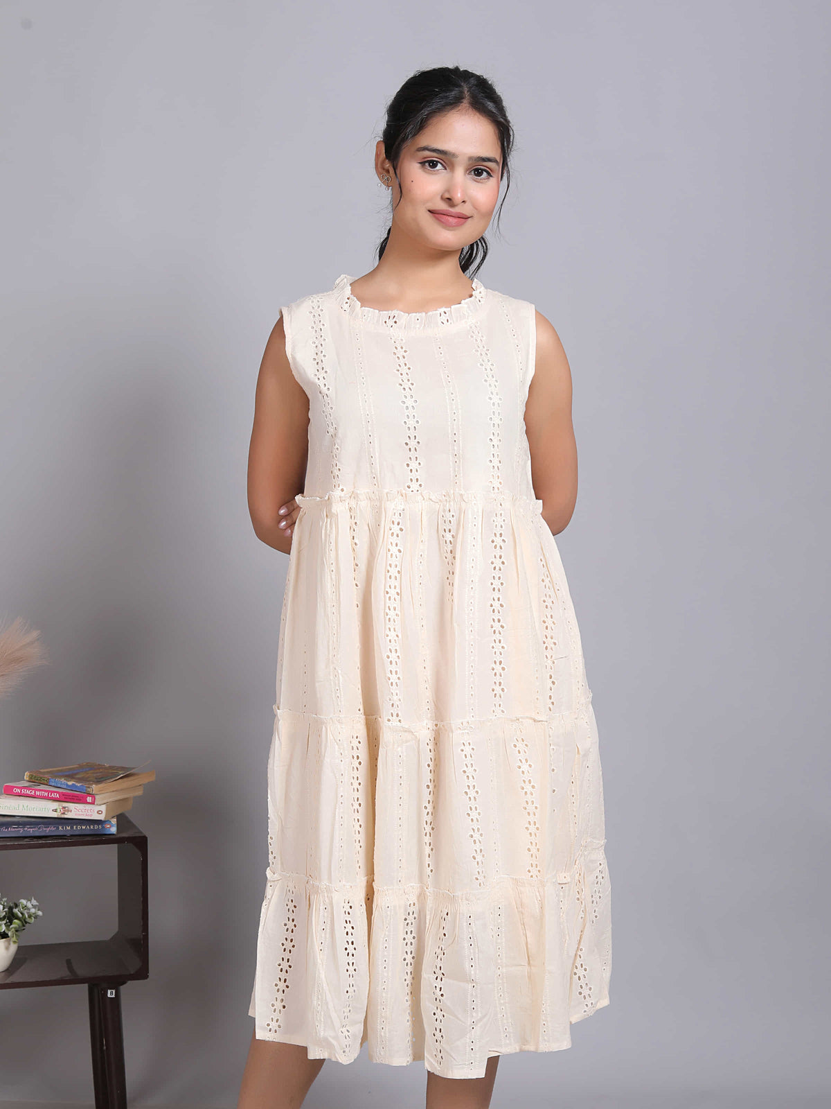 Beige Schiffli Sleeveless Midi Dress