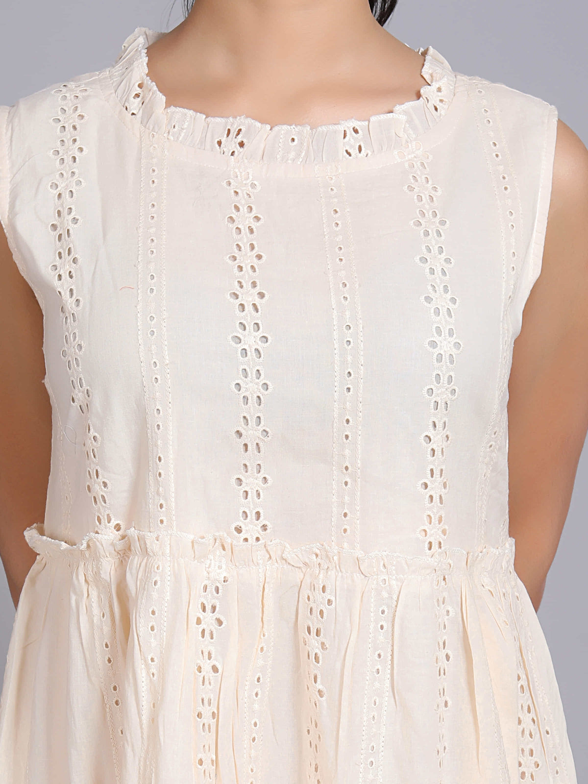 Beige Schiffli Sleeveless Midi Dress