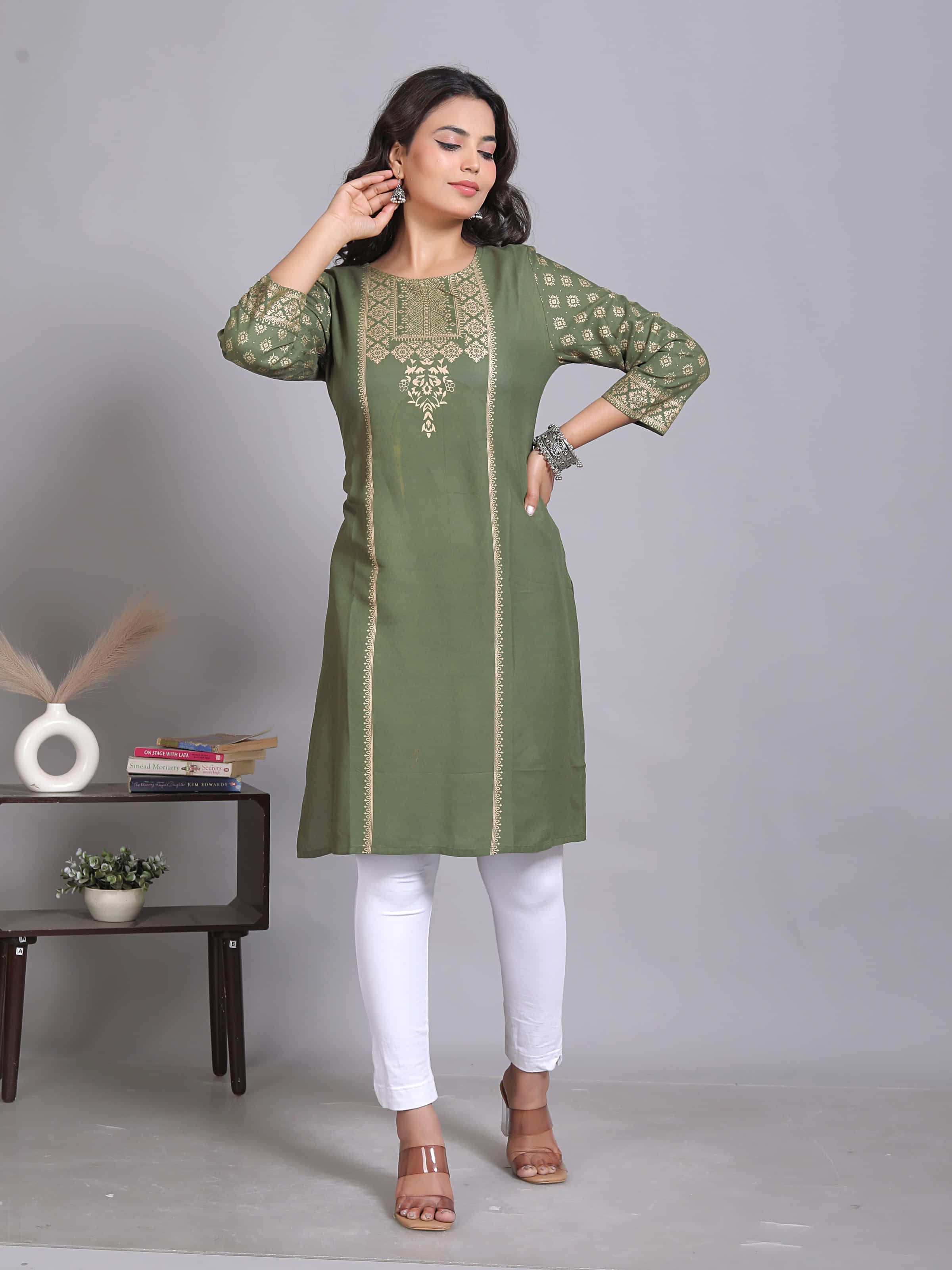 Green Printed Embellished Rayon Kurta