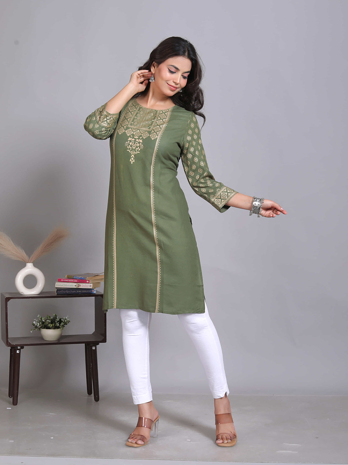 Green Printed Embellished Rayon Kurta