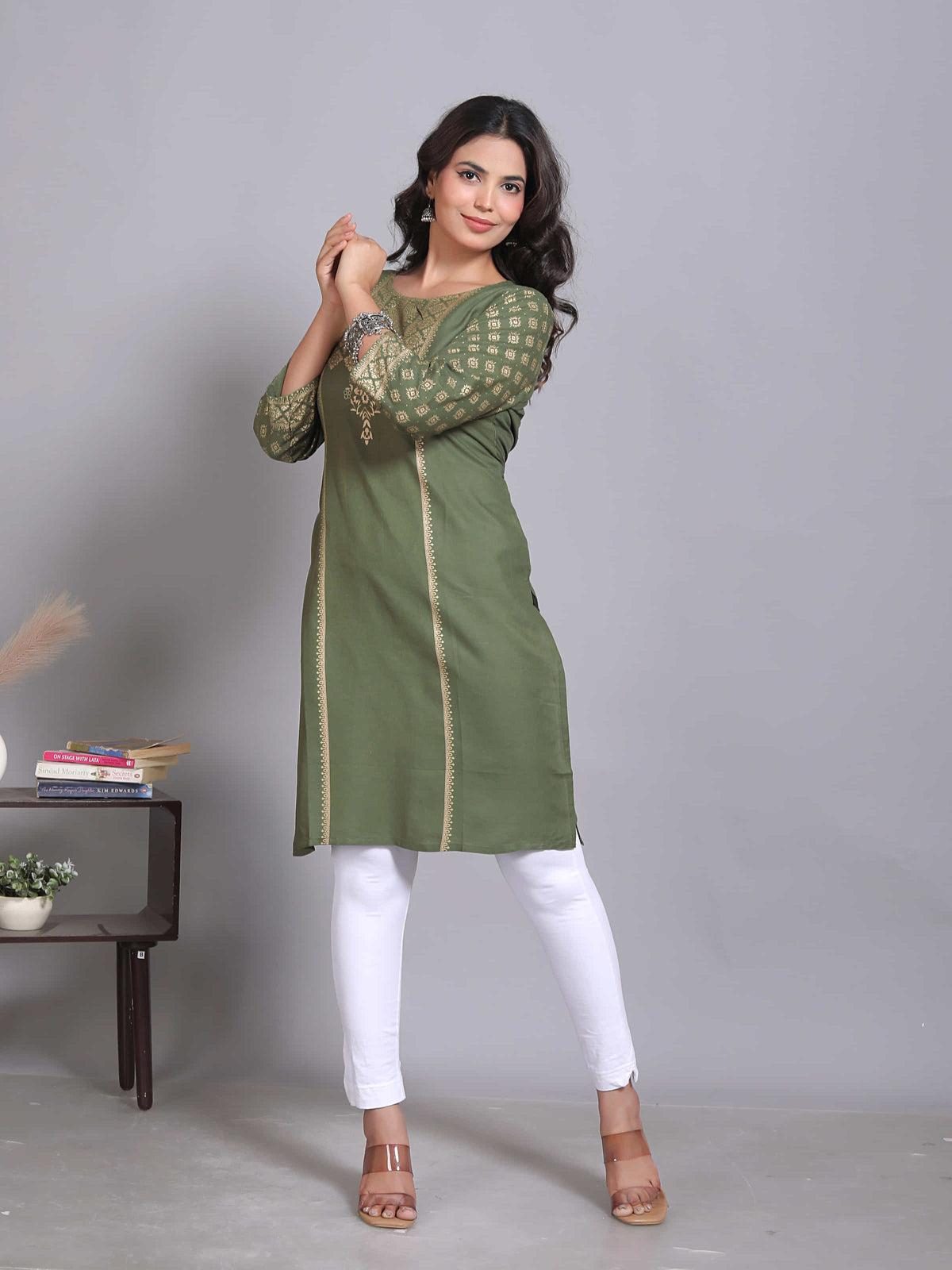 Green Printed Embellished Rayon Kurta