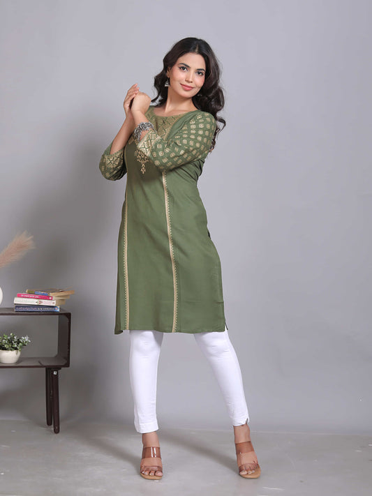 Green Printed Embellished Rayon Kurta