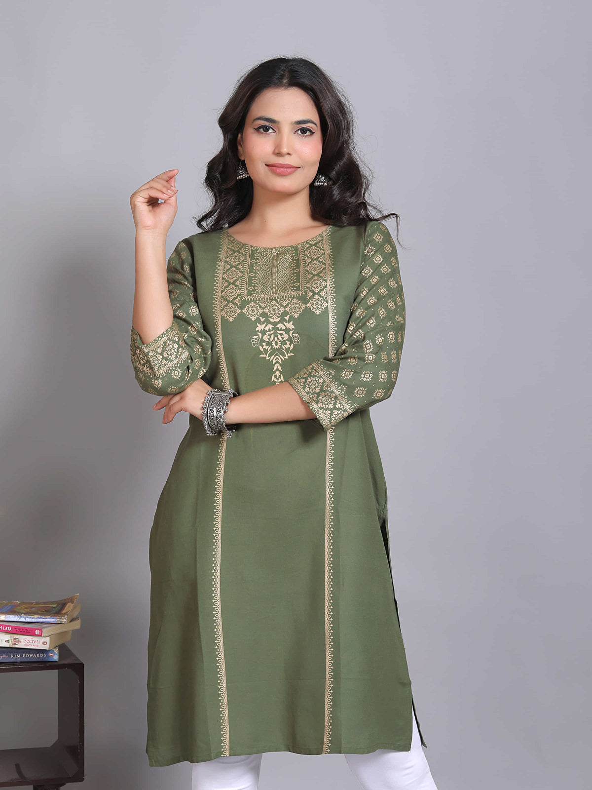 Green Printed Embellished Rayon Kurta