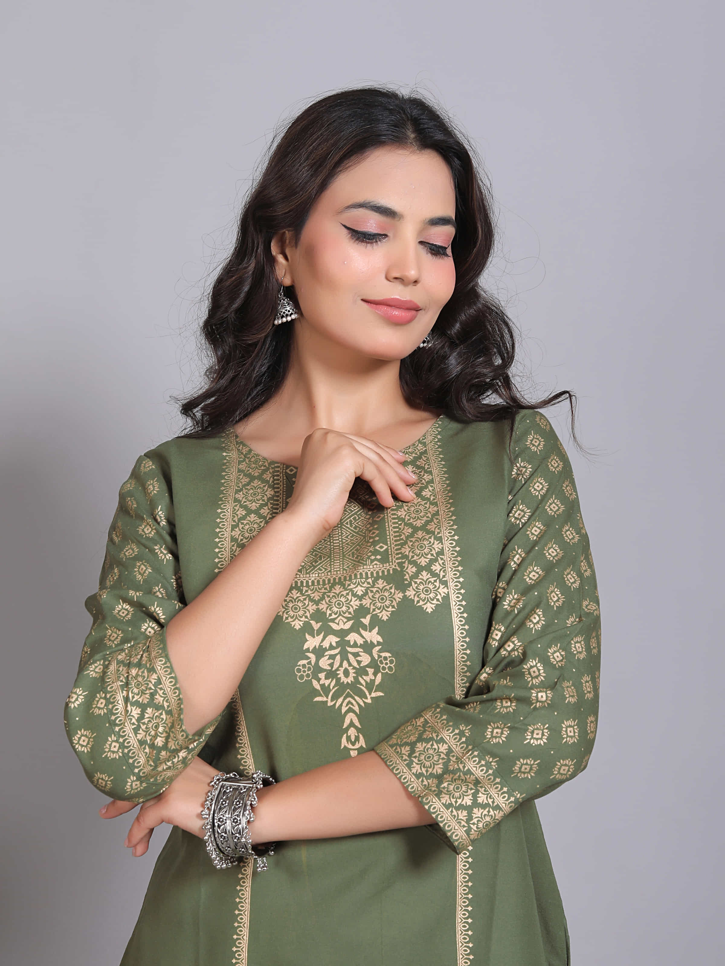 Green Printed Embellished Rayon Kurta