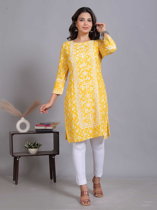 Yellow Floral Printed Straight Kurta