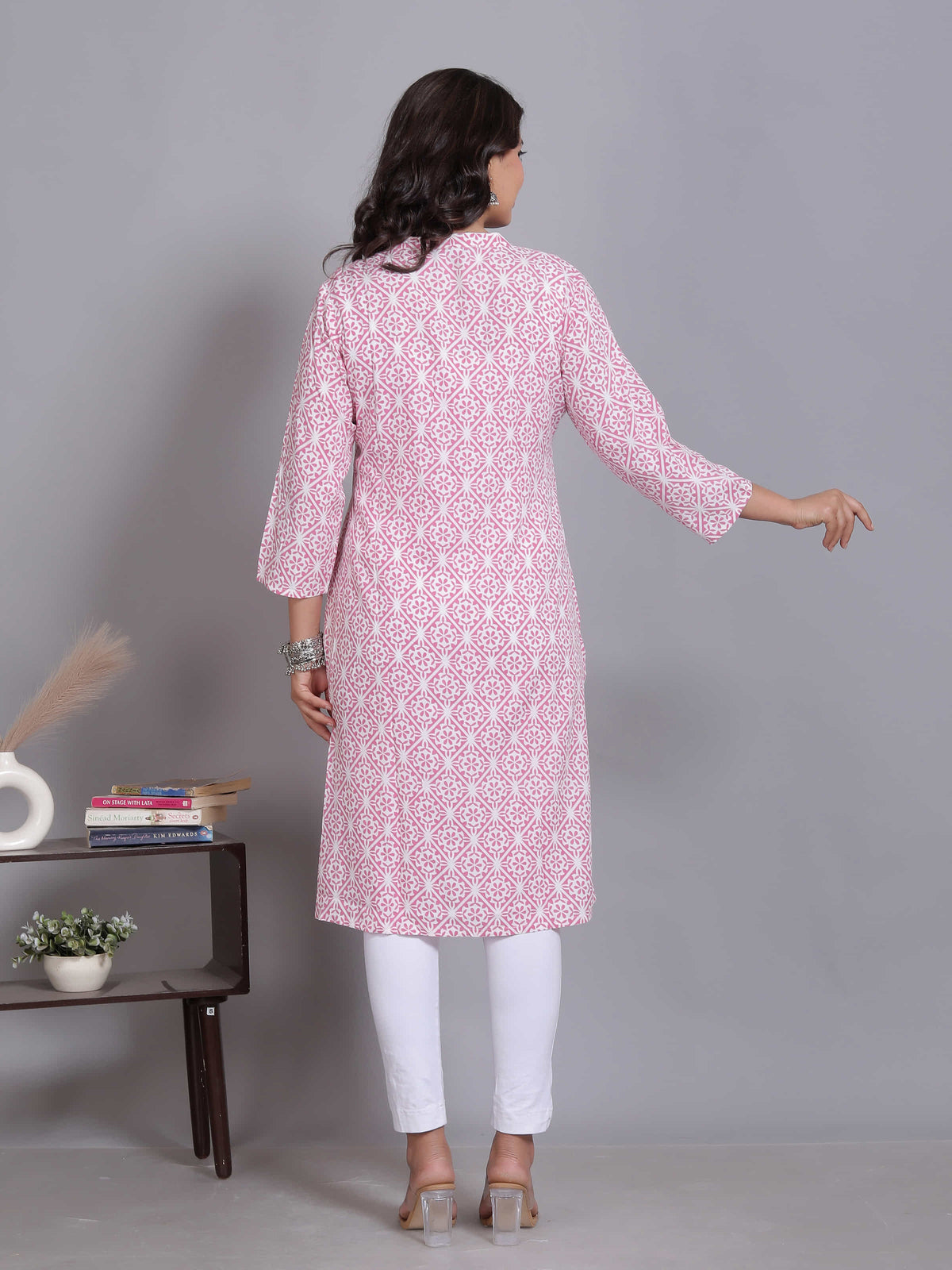 Pink Mandarin Geometric Rayon Kurta