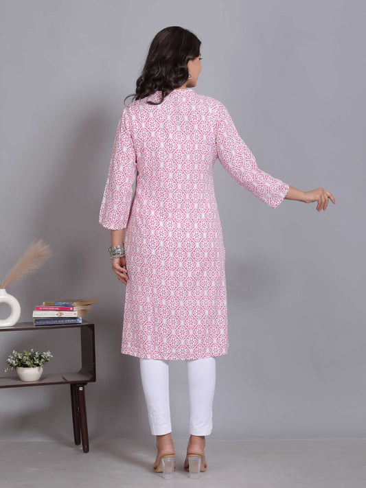 Pink Mandarin Geometric Rayon Kurta
