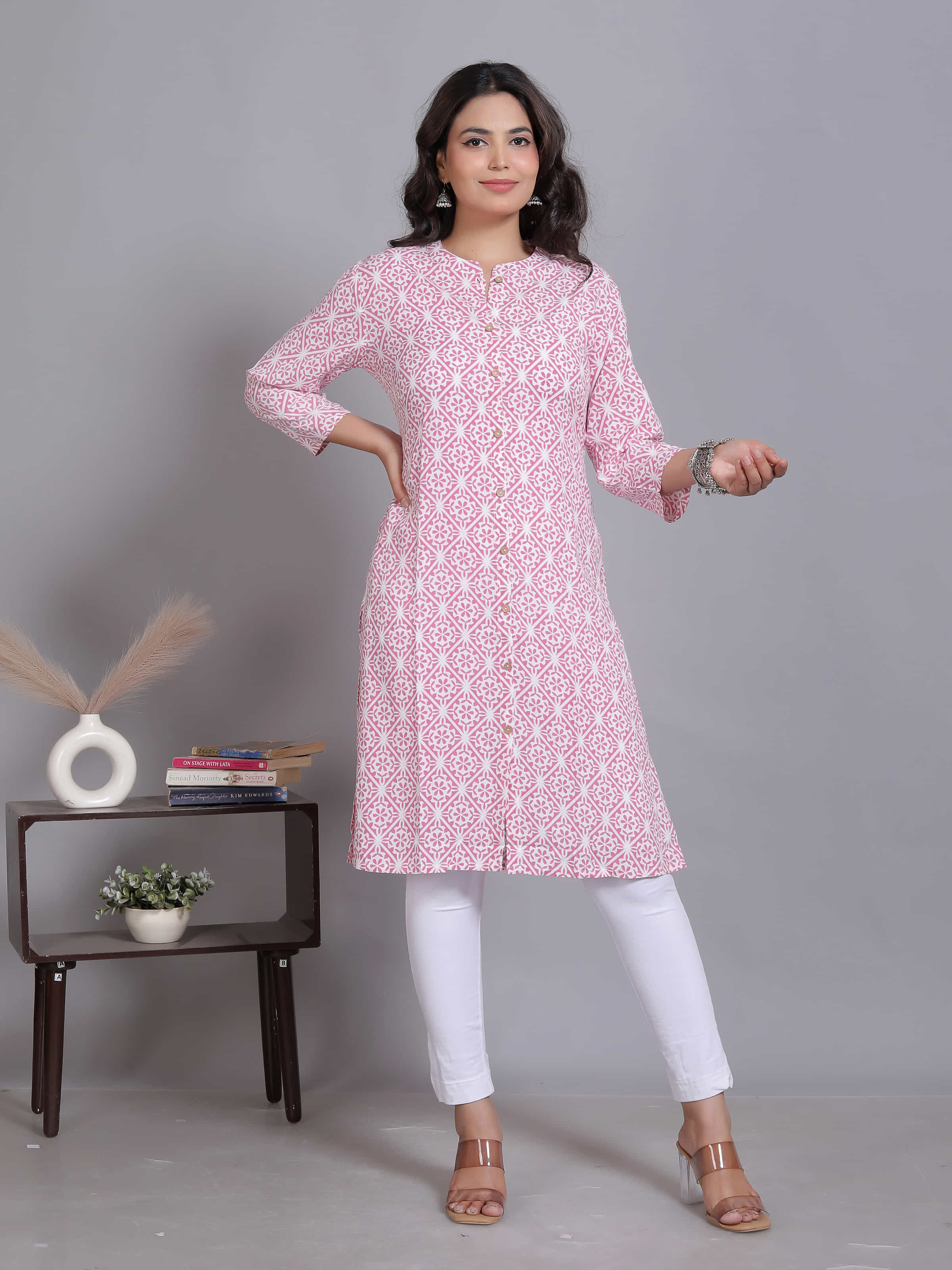 Pink Mandarin Geometric Rayon Kurta