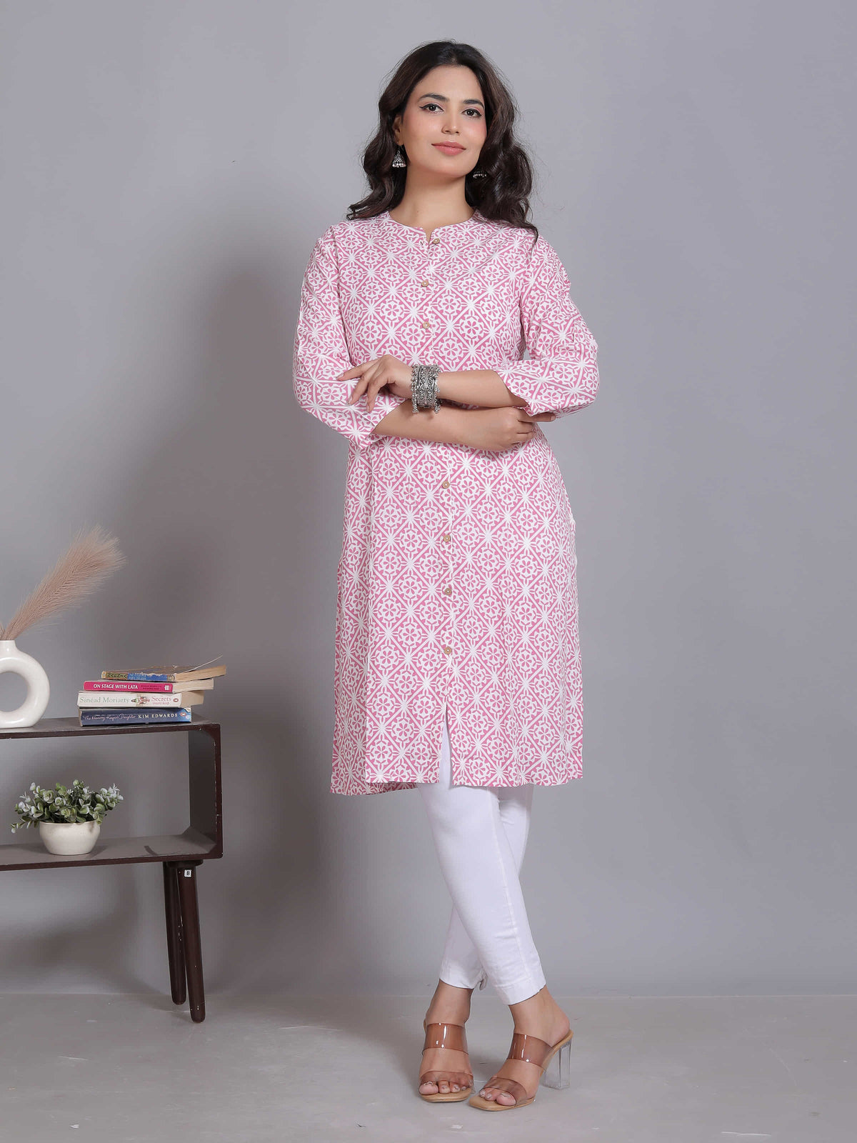 Pink Mandarin Geometric Rayon Kurta