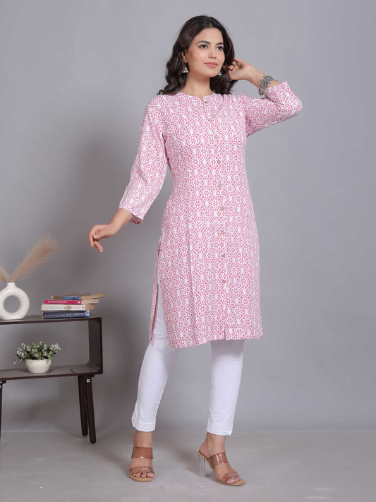 Pink Mandarin Geometric Rayon Kurta
