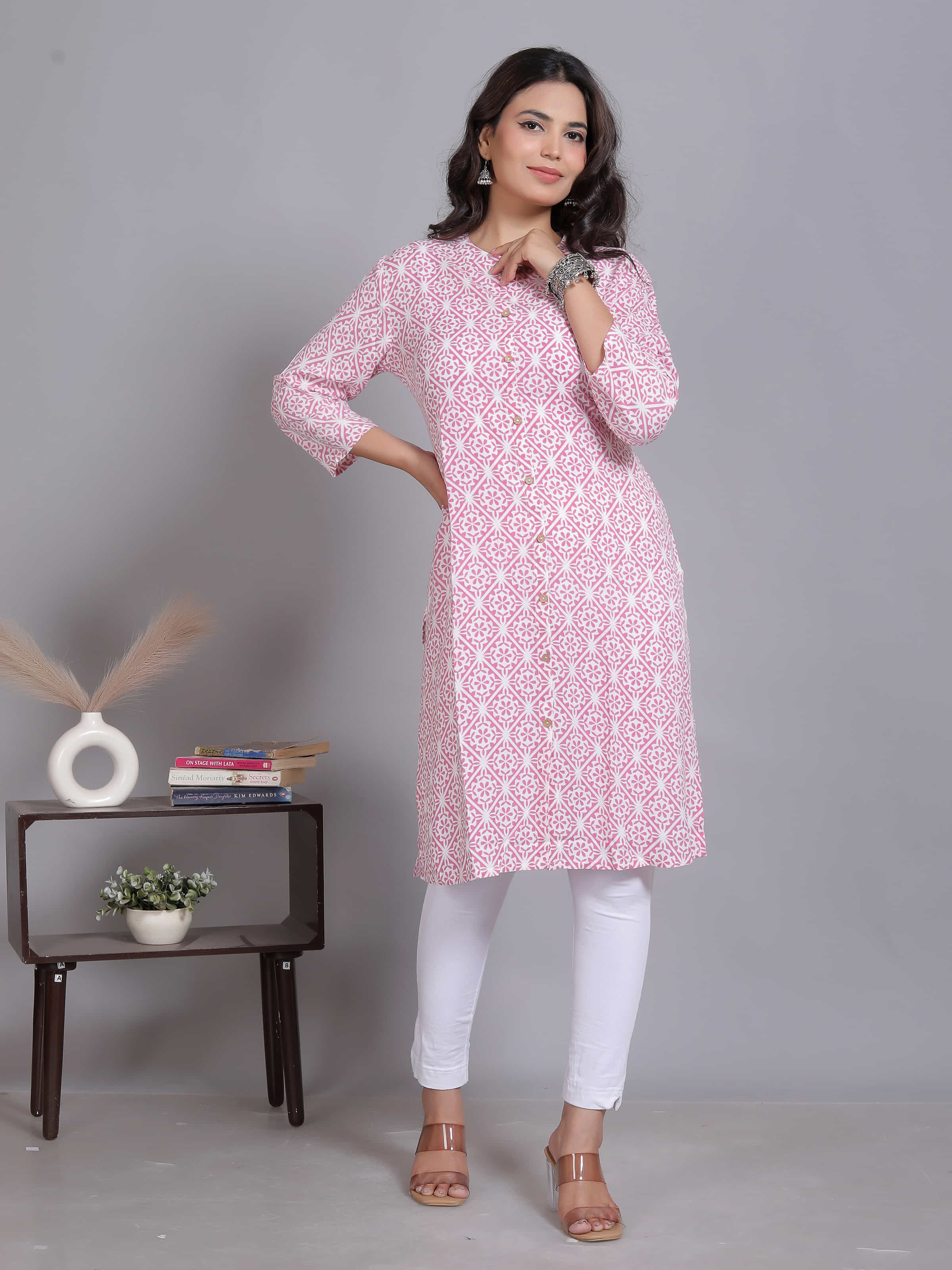 Pink Mandarin Geometric Rayon Kurta