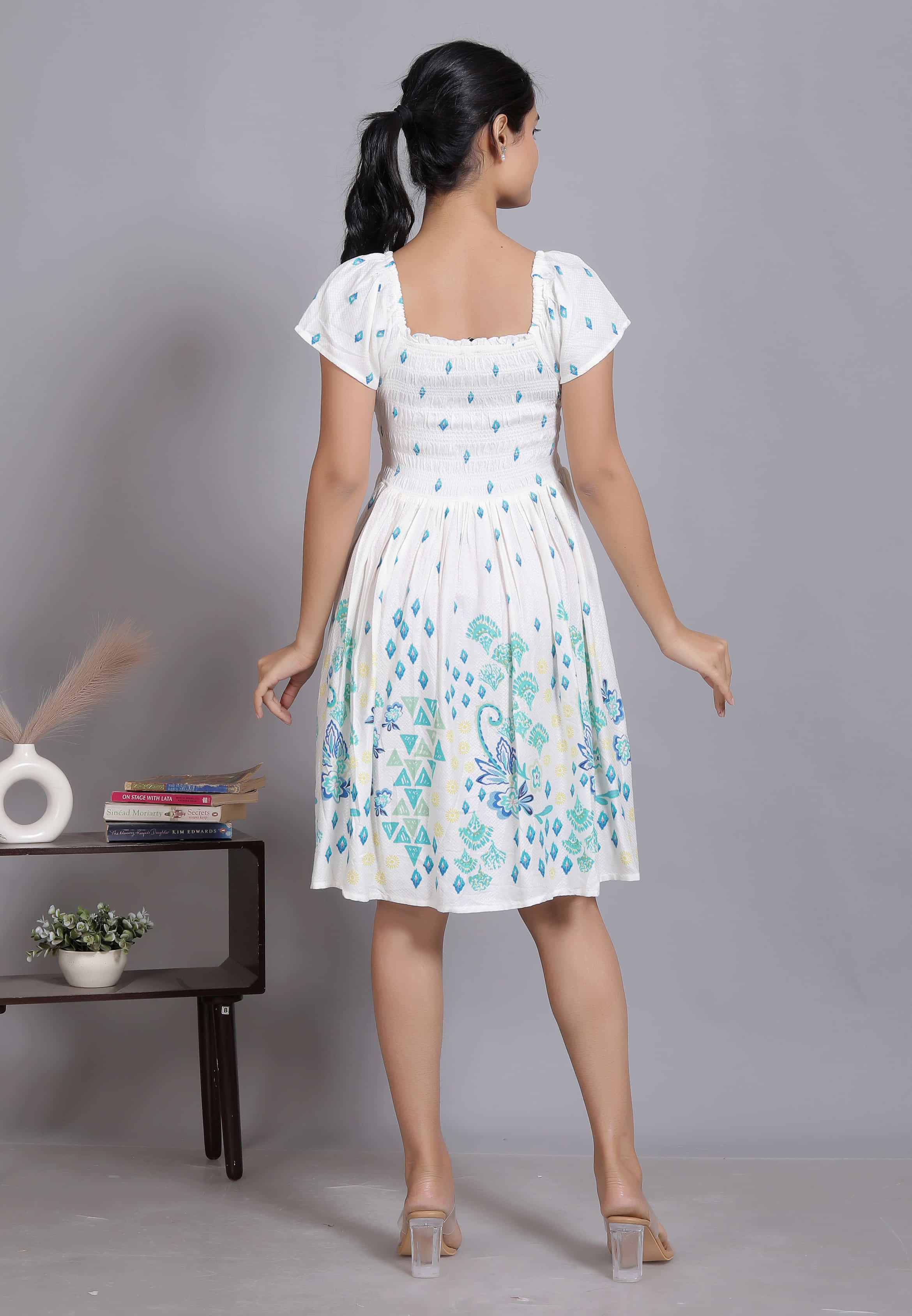White Smocked Puff Sleeve Dress