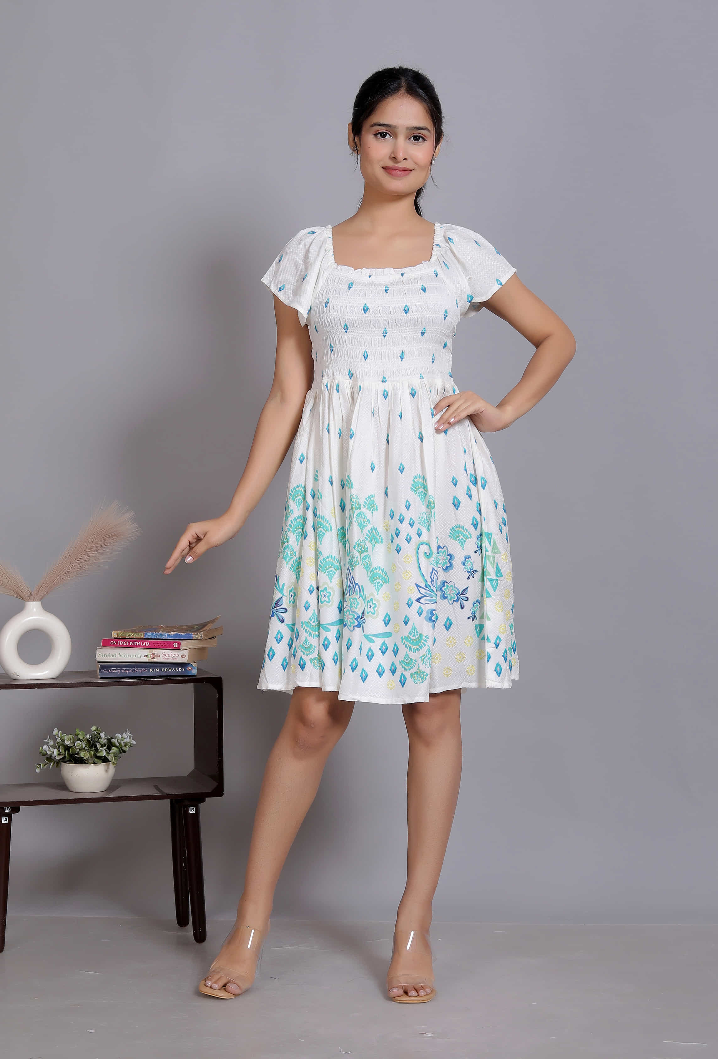 White Smocked Puff Sleeve Dress
