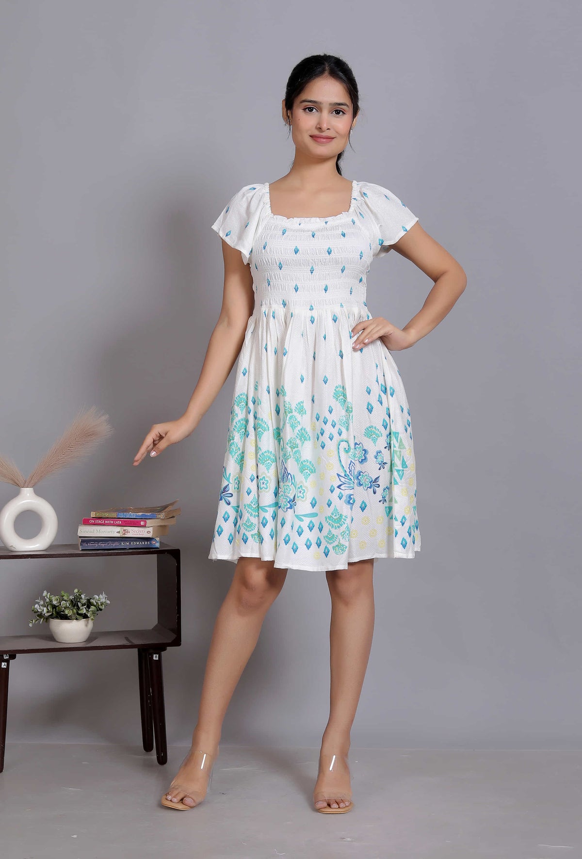White Smocked Puff Sleeve Dress