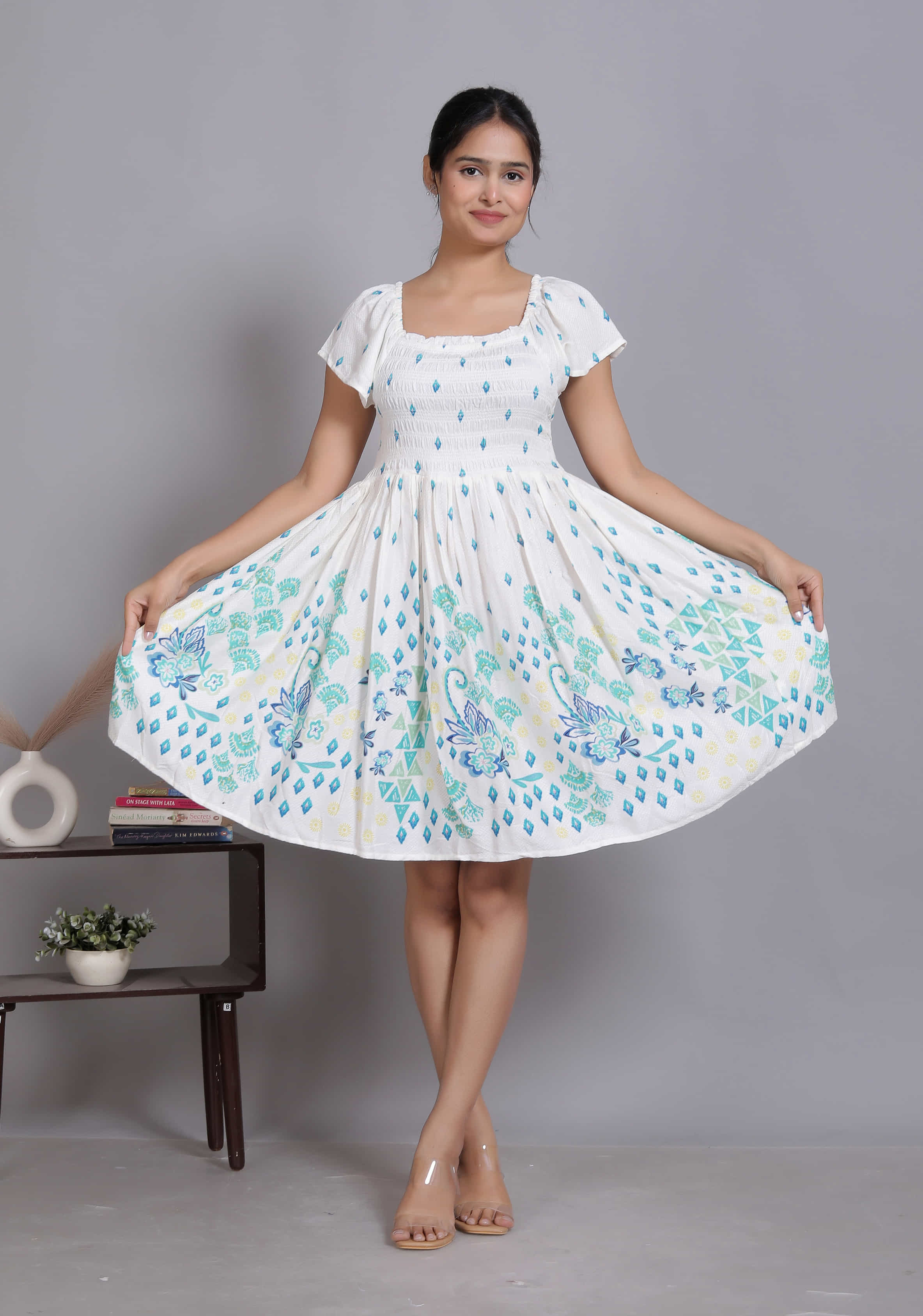 White Smocked Puff Sleeve Dress