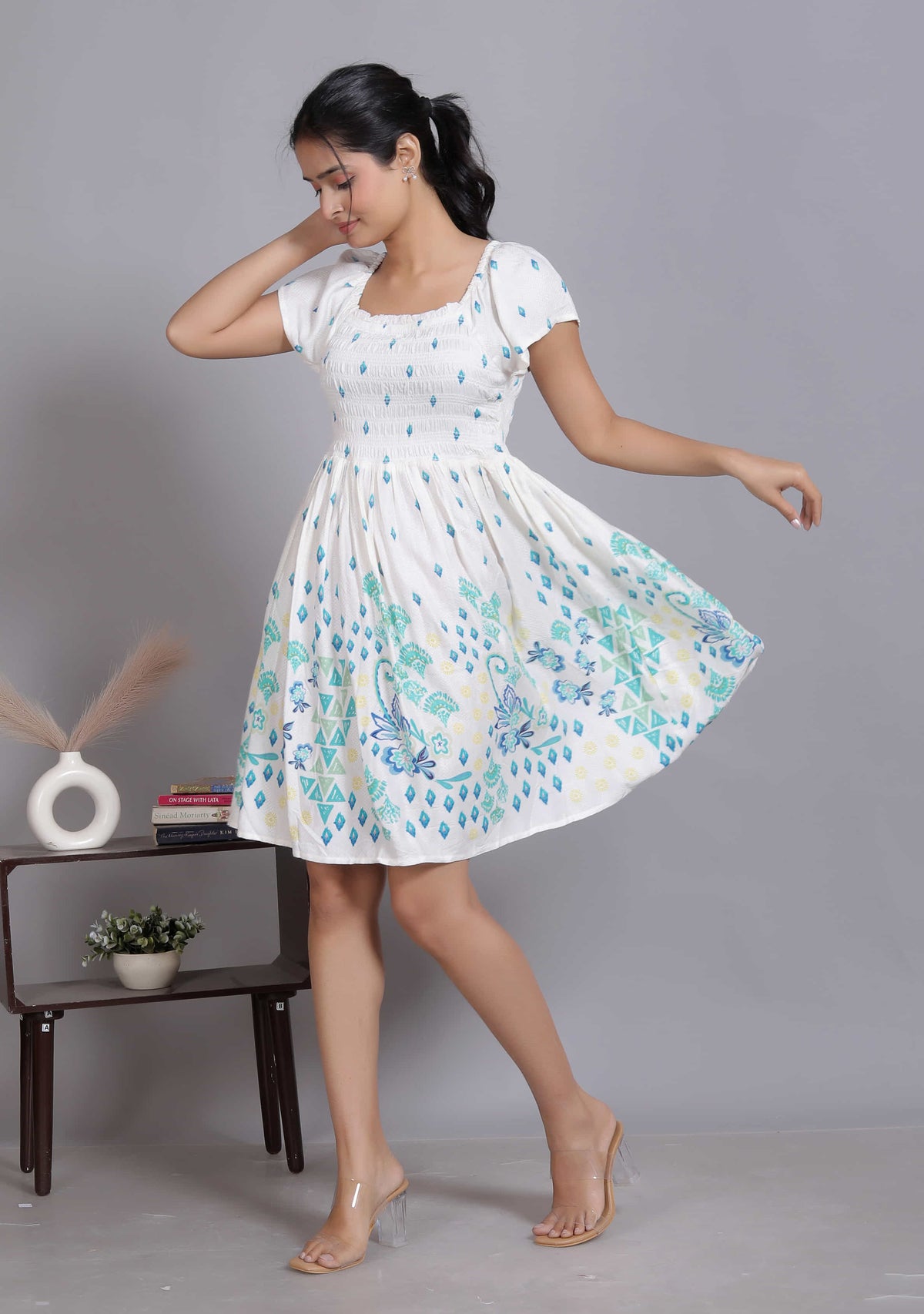 White Smocked Puff Sleeve Dress