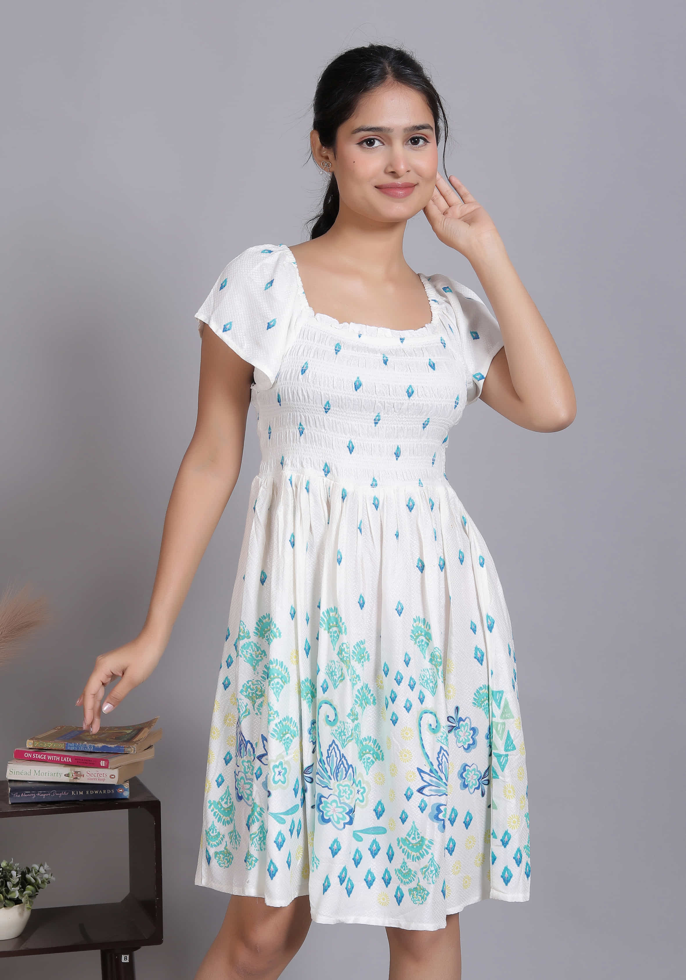 White Smocked Puff Sleeve Dress