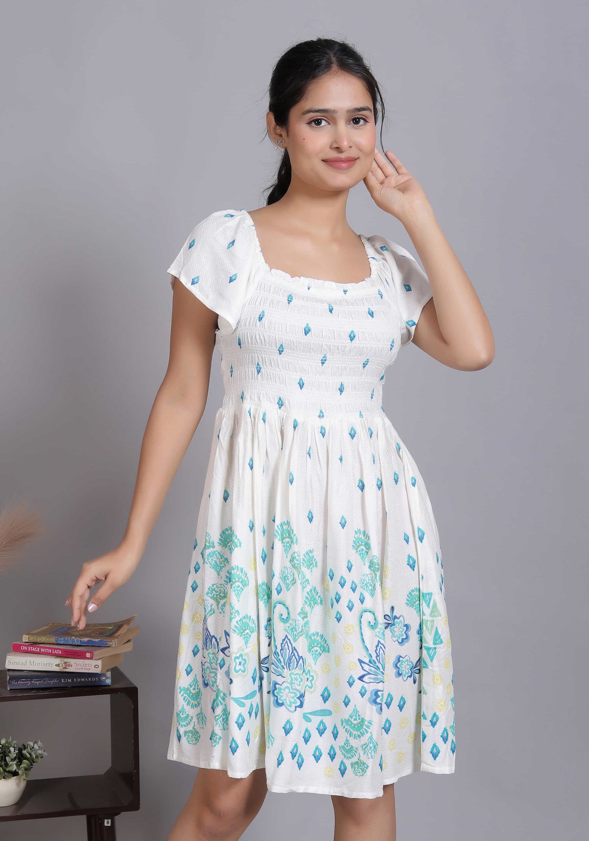 White Smocked Puff Sleeve Dress