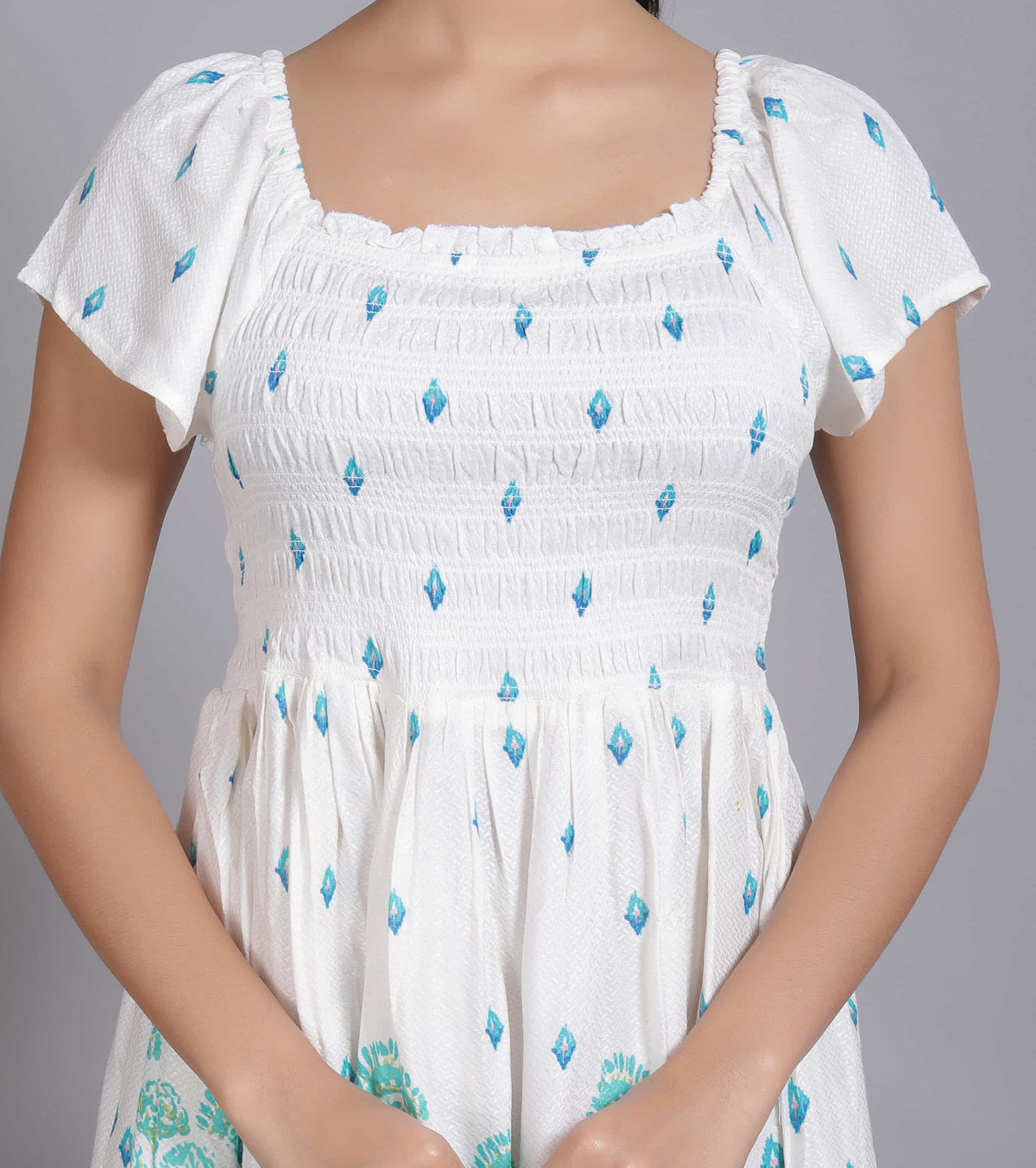 White Smocked Puff Sleeve Dress