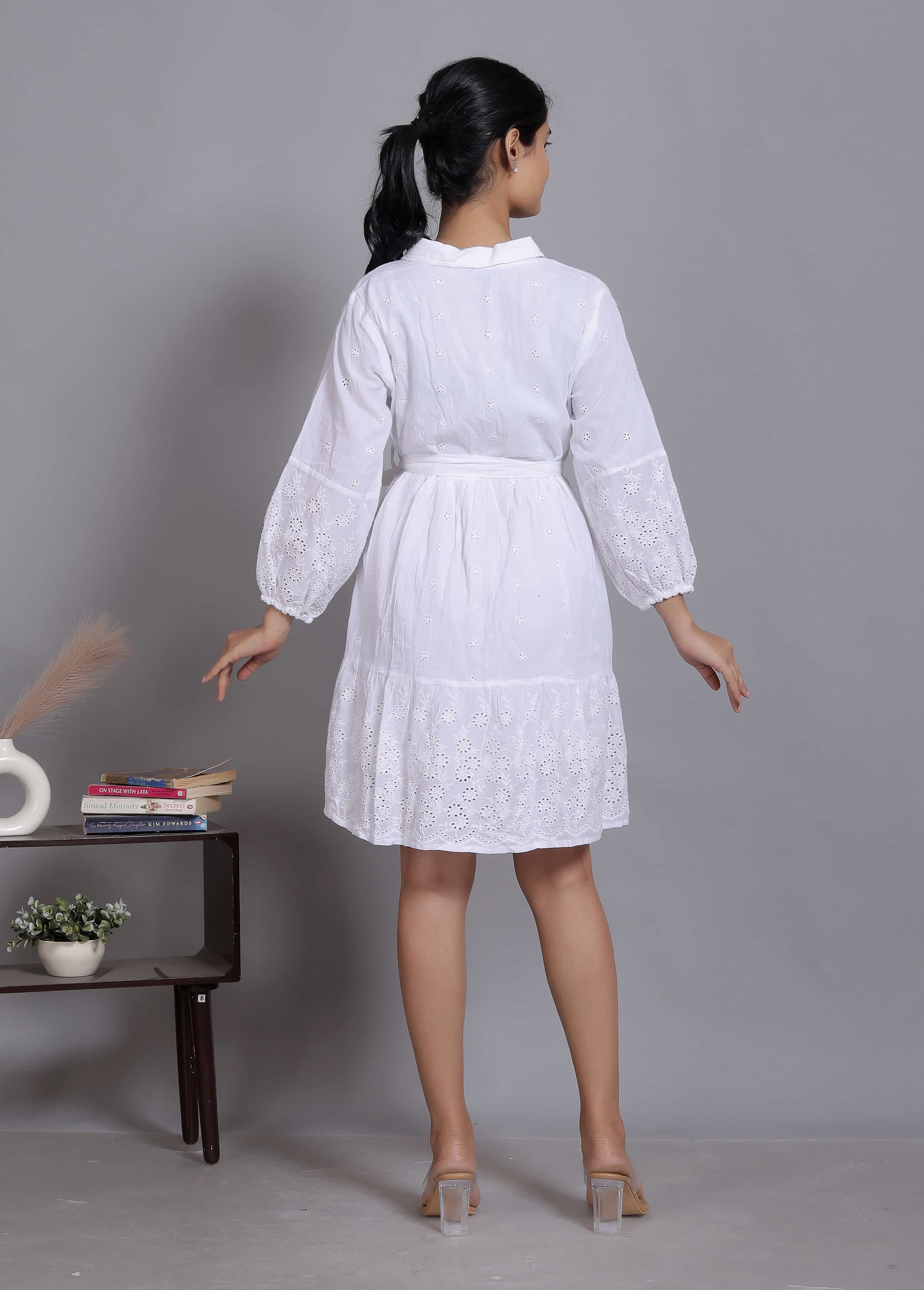 White Schiffli Tie-Waist Mini Dress