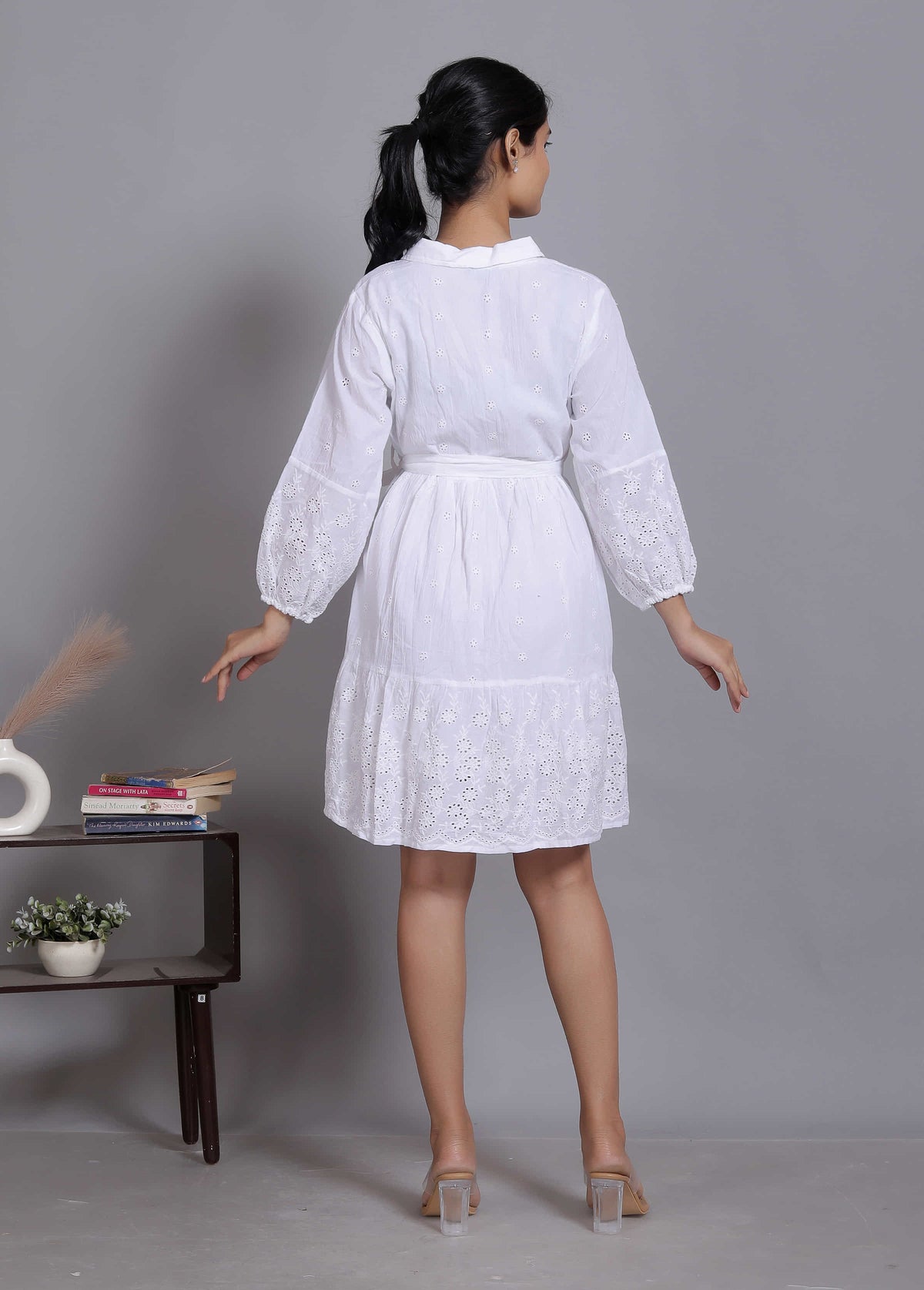 White Schiffli Tie-Waist Mini Dress